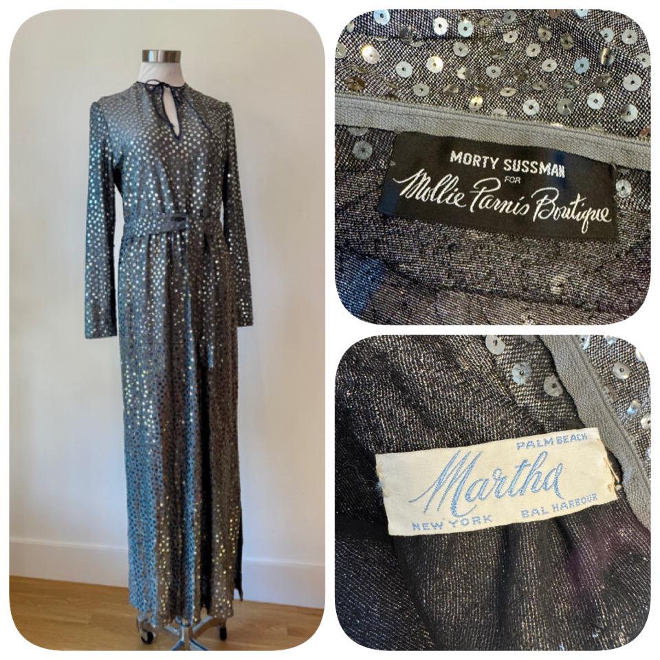 70s Mollie Parnis Embellished Gun Metal Silver Gown