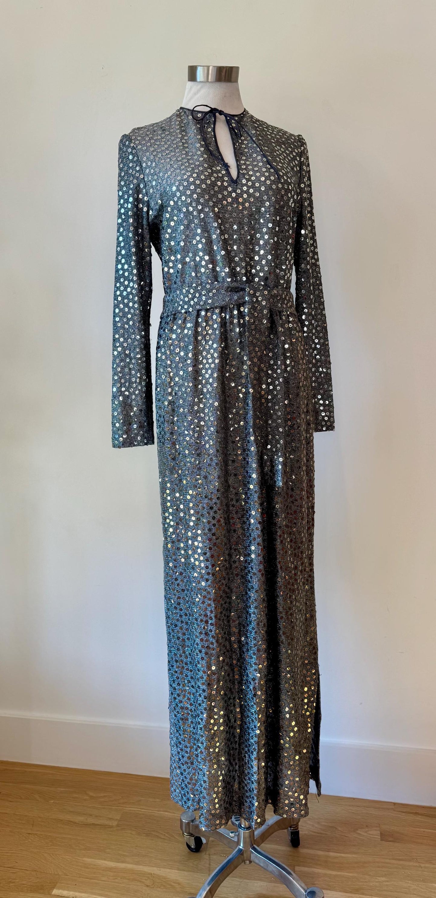 70s Mollie Parnis Embellished Gun Metal Silver Gown