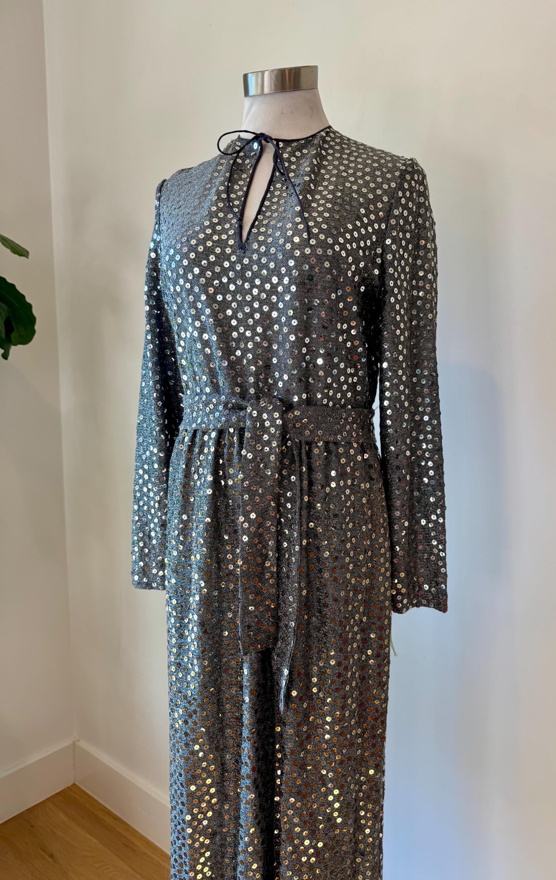70s Mollie Parnis Embellished Gun Metal Silver Gown