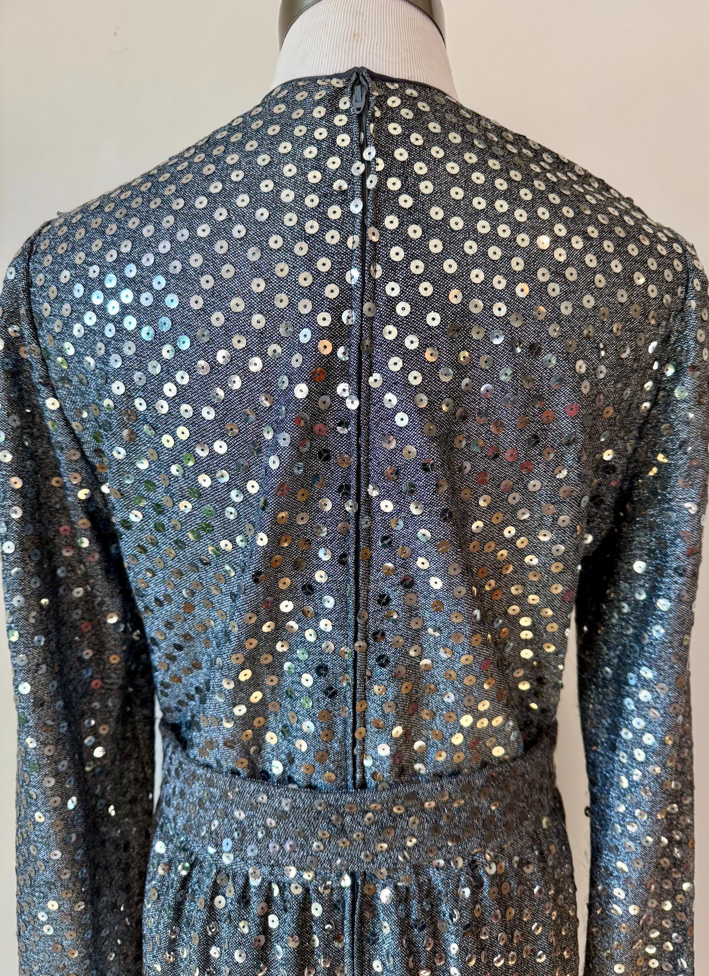 70s Mollie Parnis Embellished Gun Metal Silver Gown