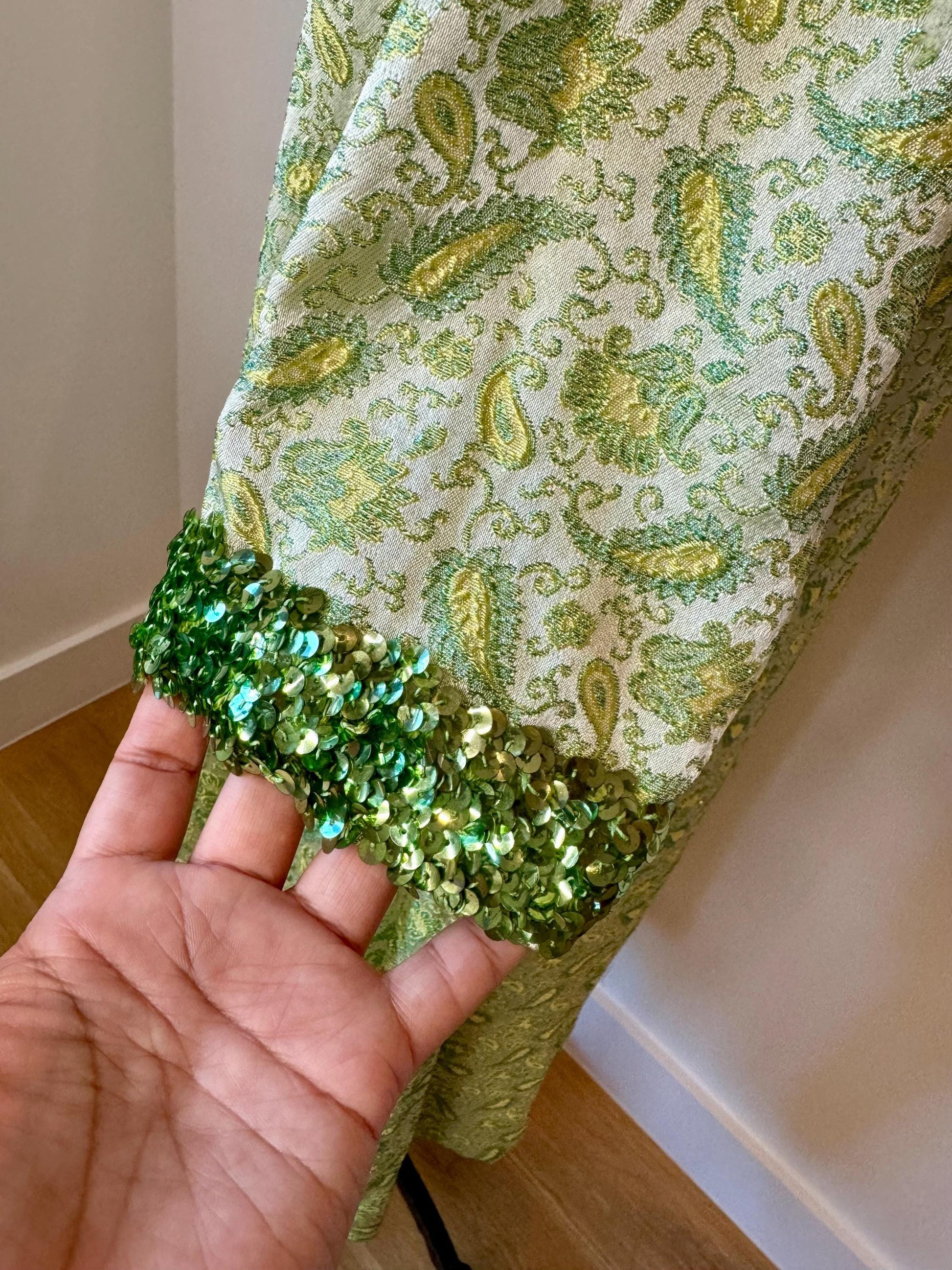 60s Hand Made Green Archived Brocade Embellished Caftan Dress
