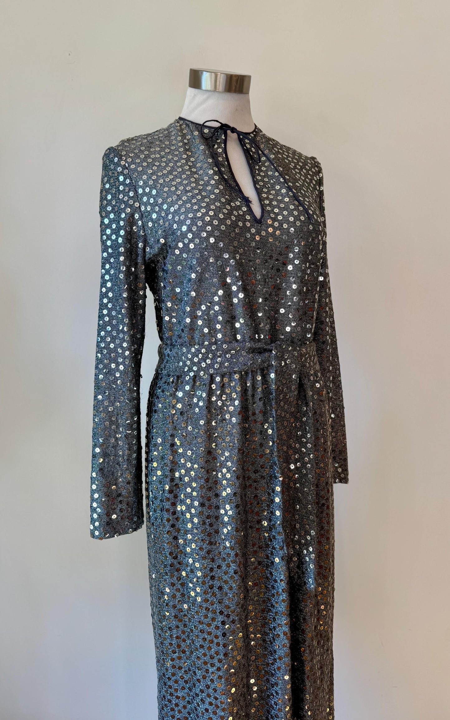 70s Mollie Parnis Embellished Gun Metal Silver Gown