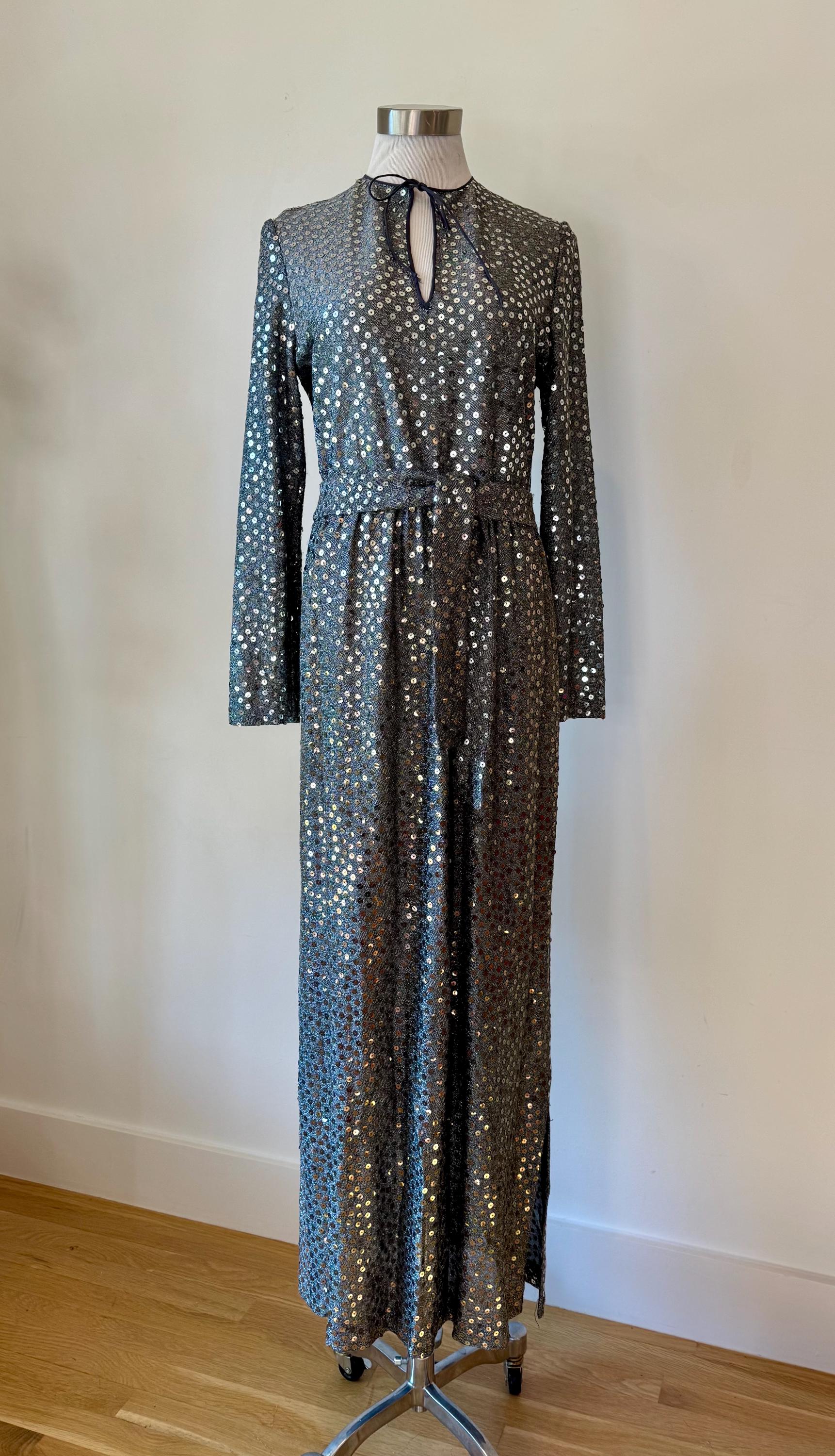 70s Mollie Parnis Embellished Gun Metal Silver Gown