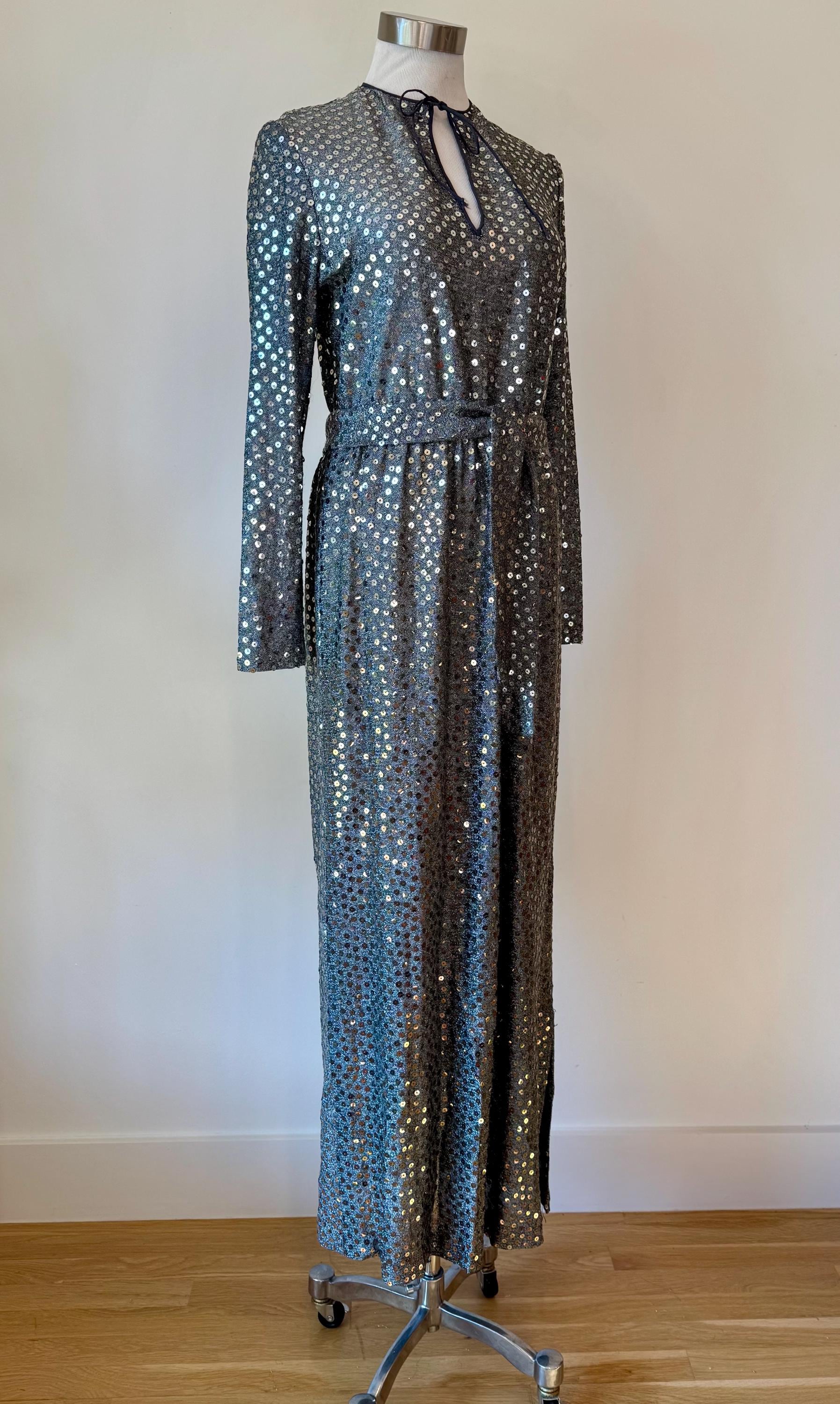 70s Mollie Parnis Embellished Gun Metal Silver Gown