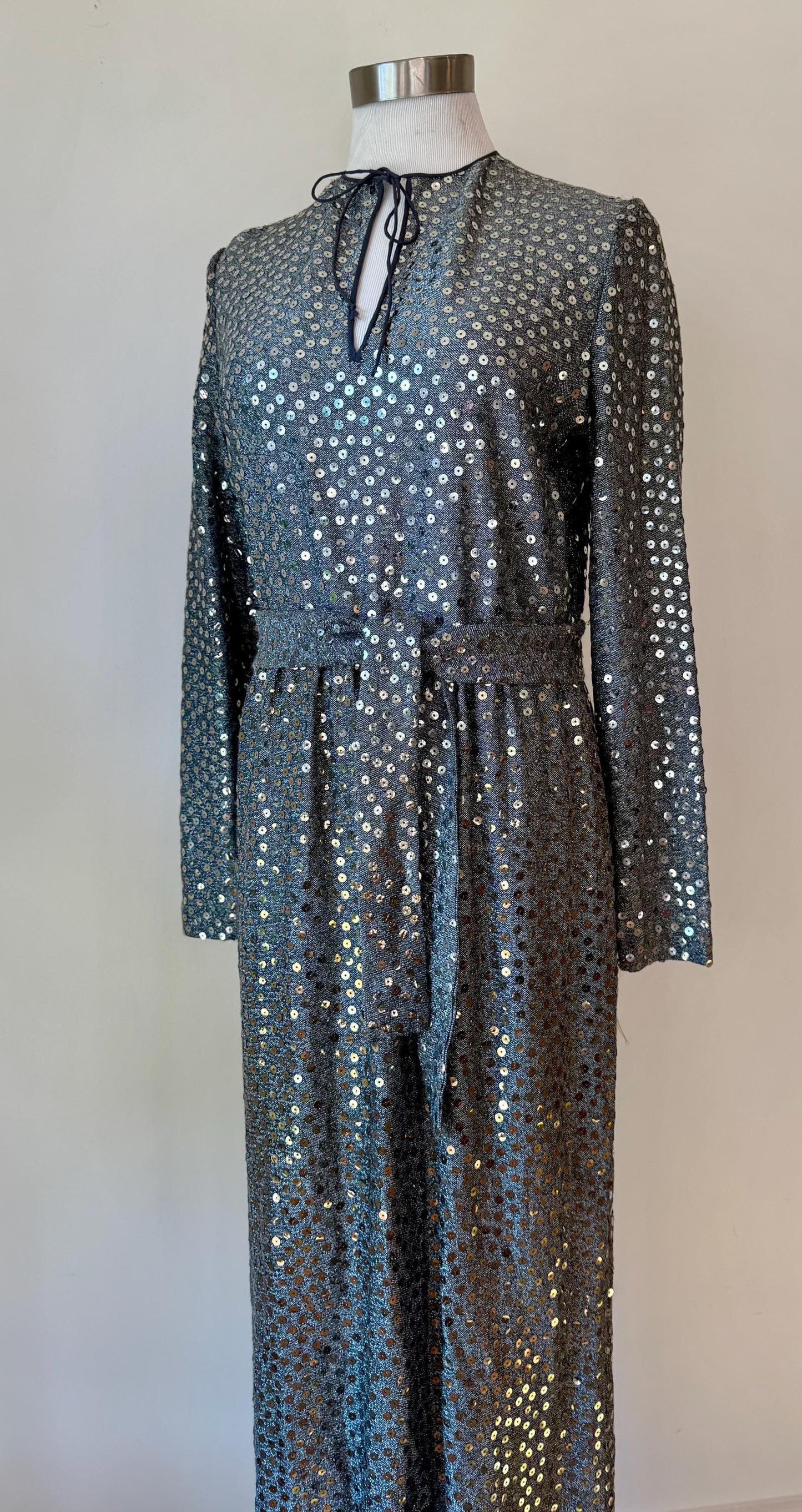 70s Mollie Parnis Embellished Gun Metal Silver Gown