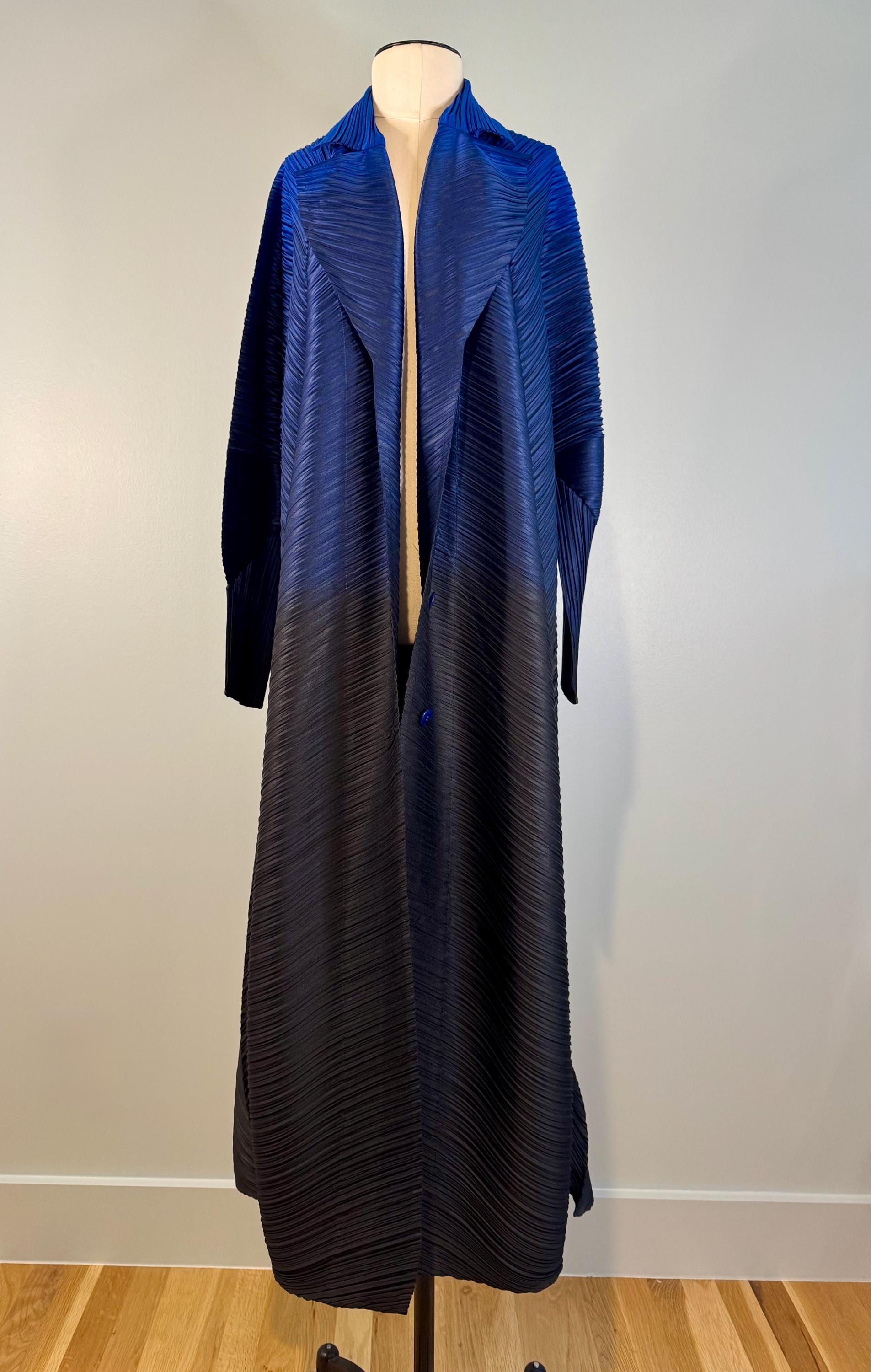 Blue Issey Miyake Pleated Collared Duster Jacket