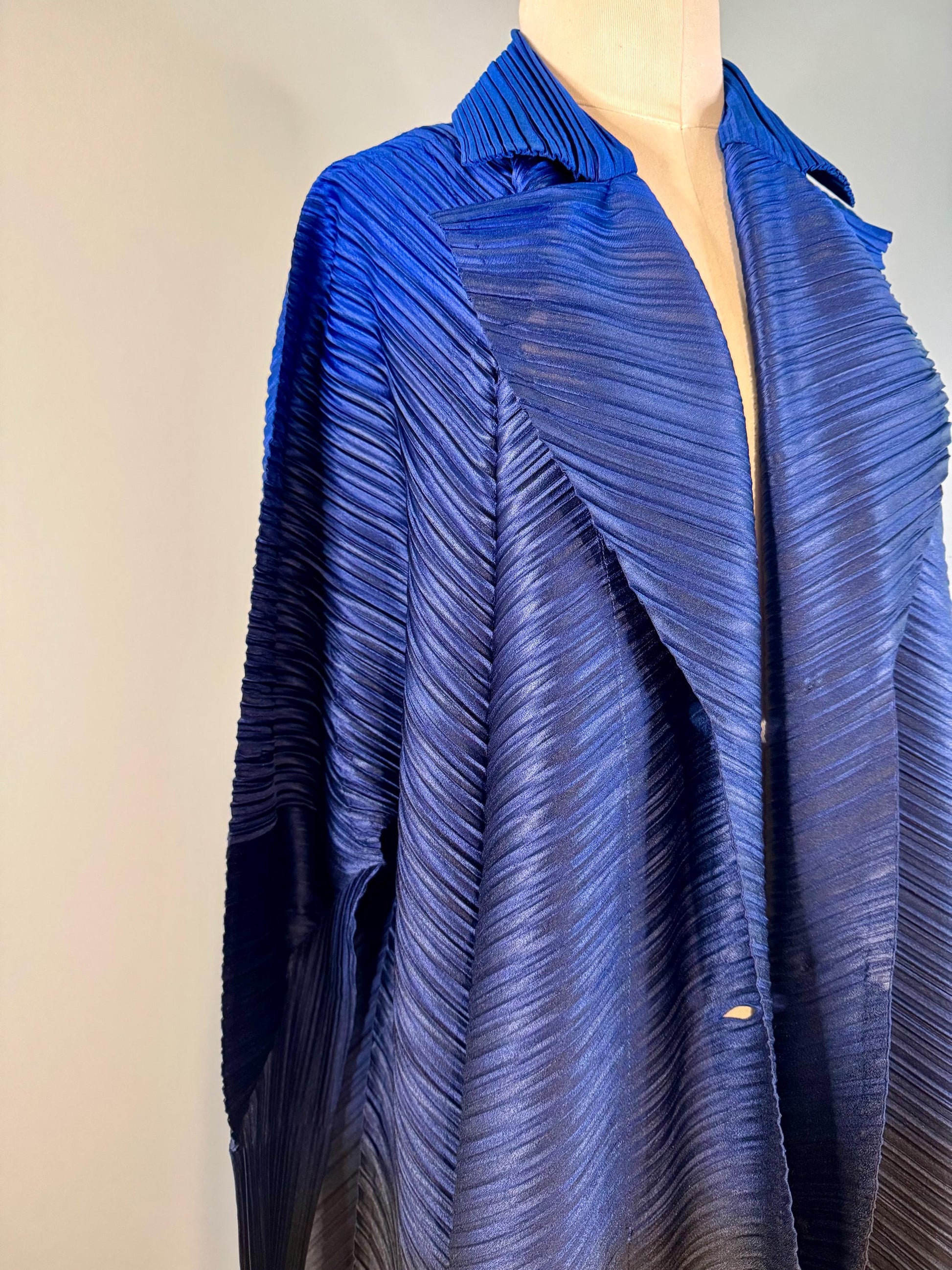 Blue Issey Miyake Pleated Collared Duster Jacket