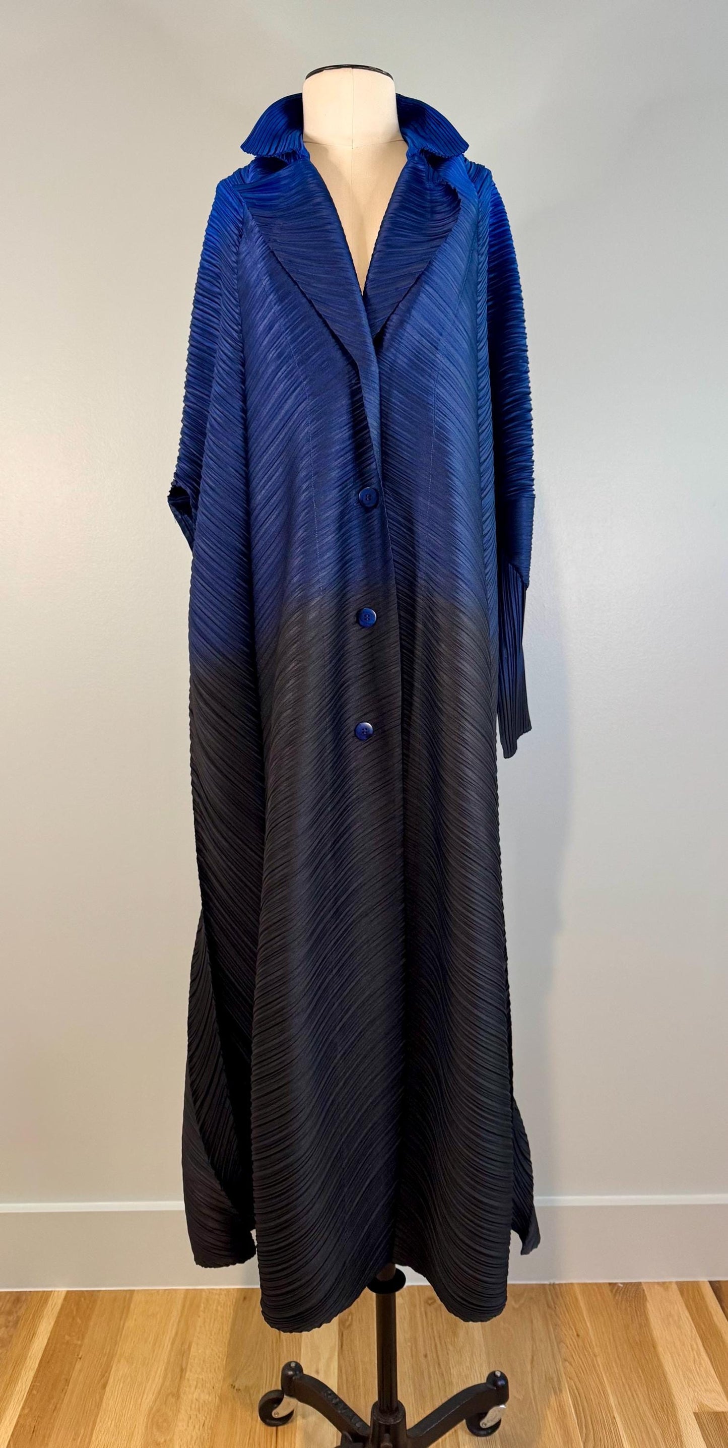 Blue Issey Miyake Pleated Collared Duster Jacket