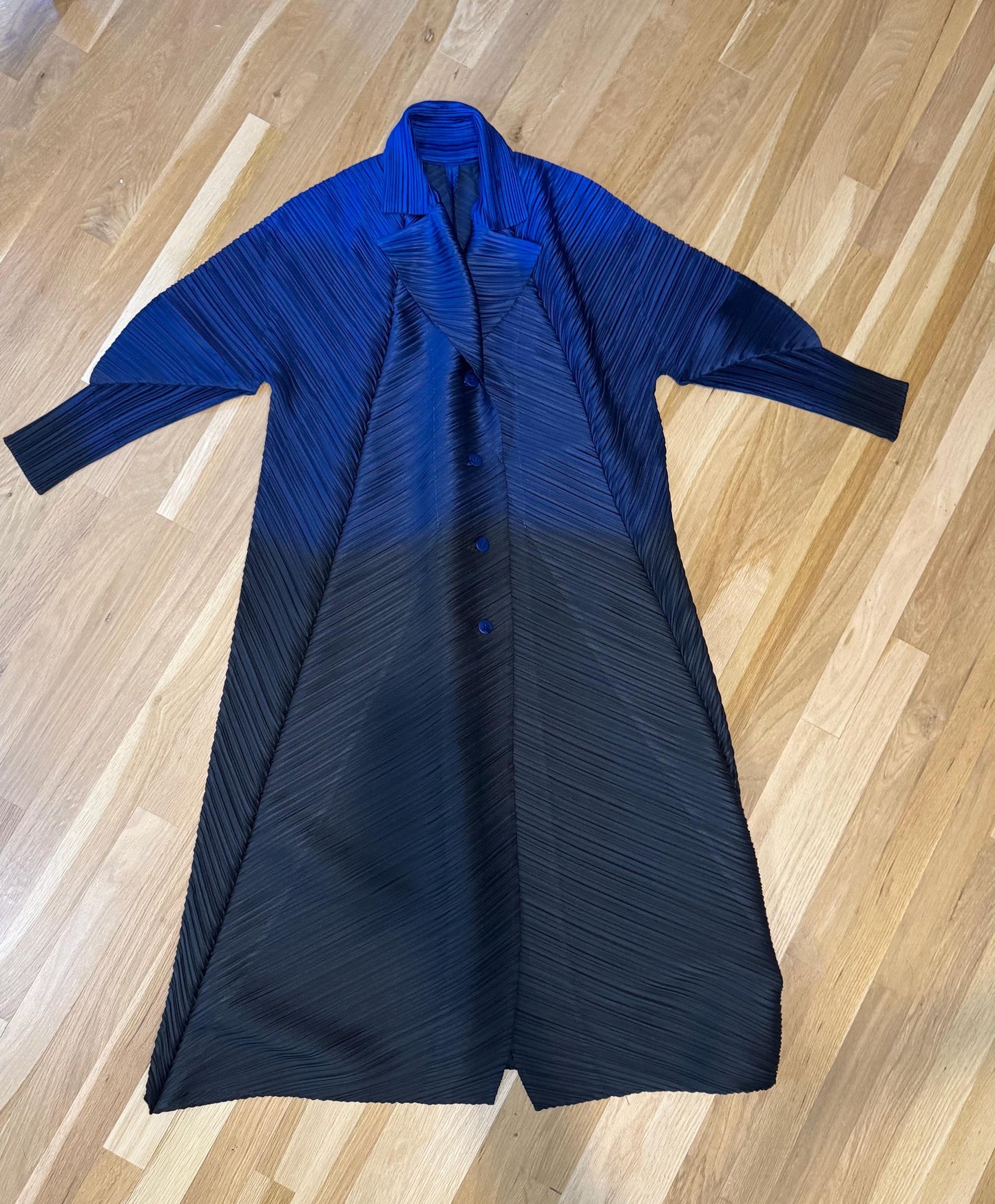 Blue Issey Miyake Pleated Collared Duster Jacket