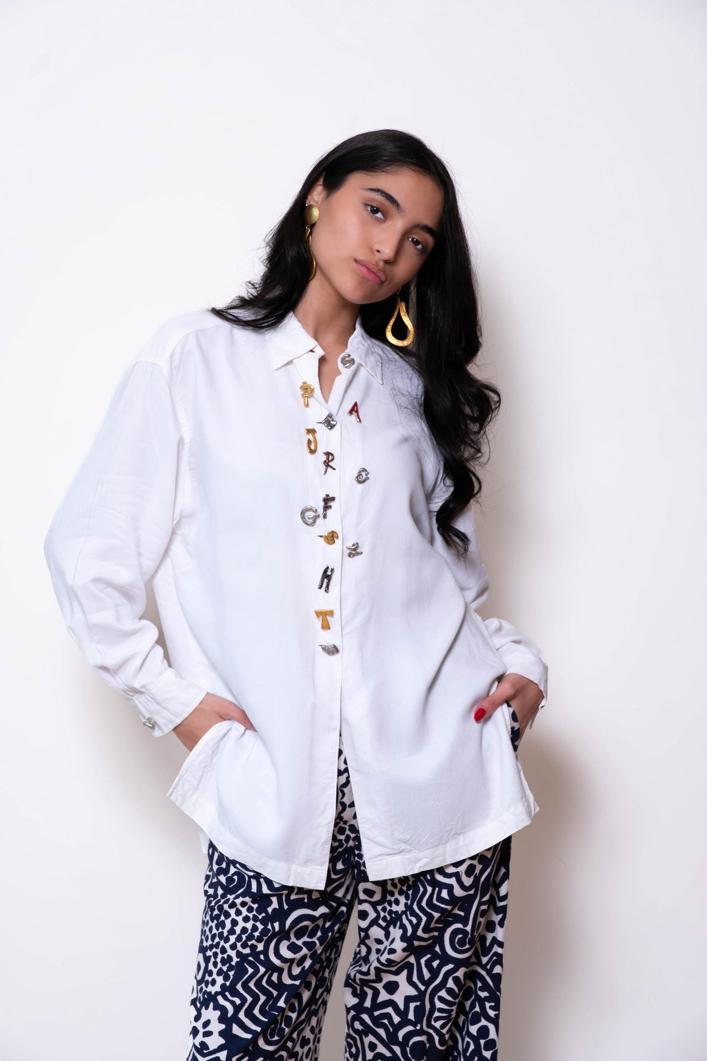 90s Todd Oldman Gold Plated Embellished White Buttoned Oversize Top