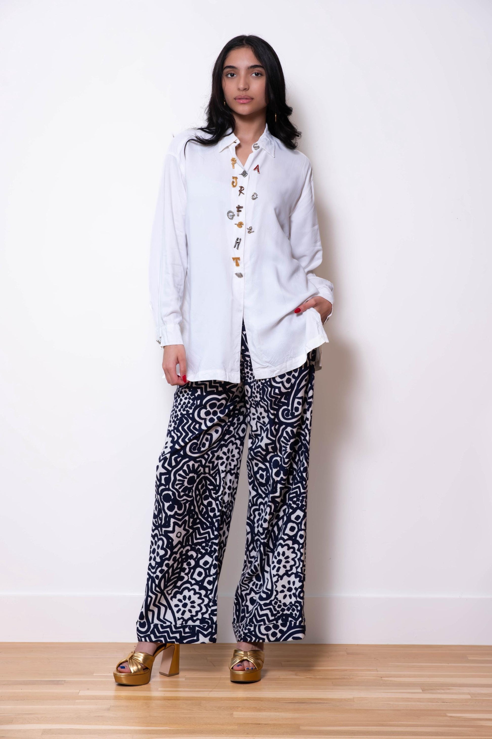 90s Todd Oldman Gold Plated Embellished White Buttoned Oversize Top