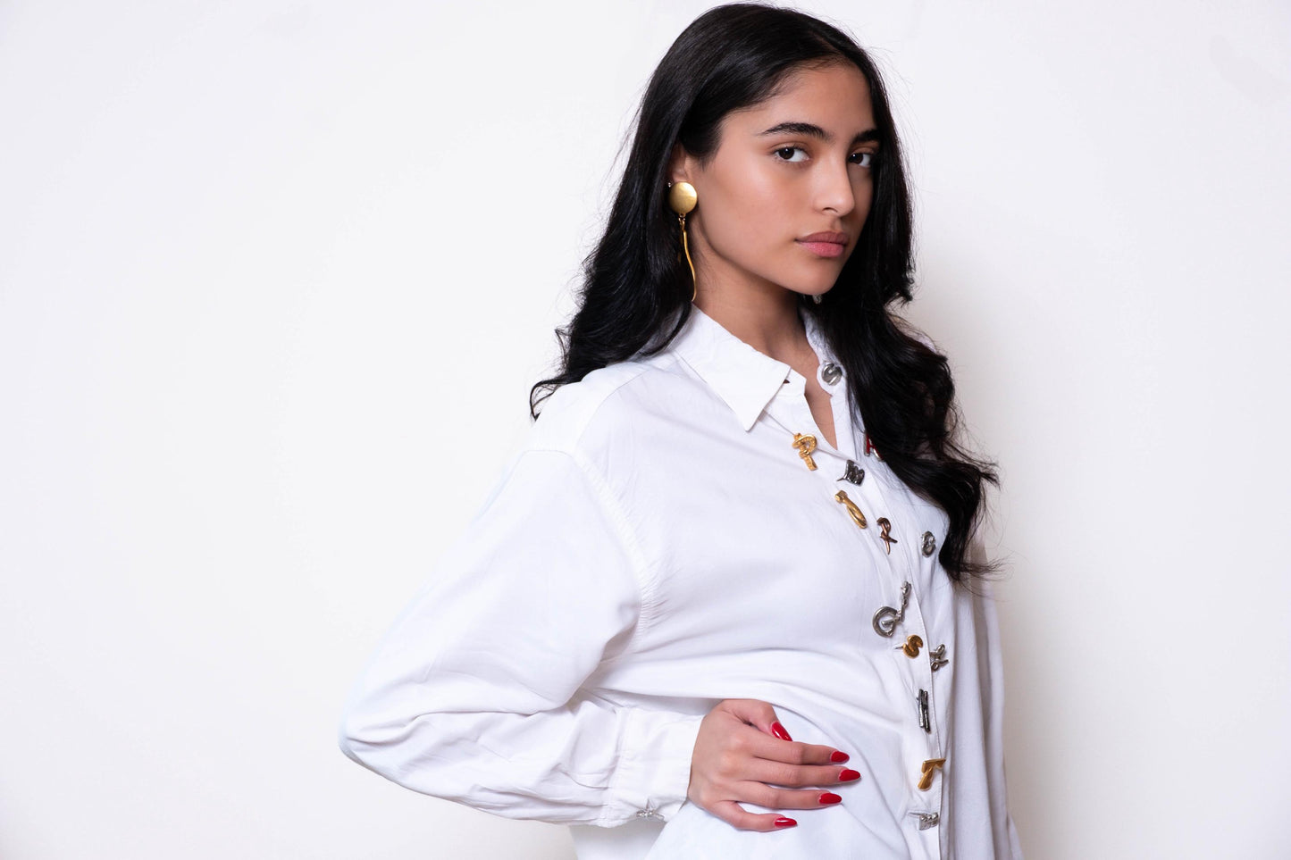 90s Todd Oldman Gold Plated Embellished White Buttoned Oversize Top