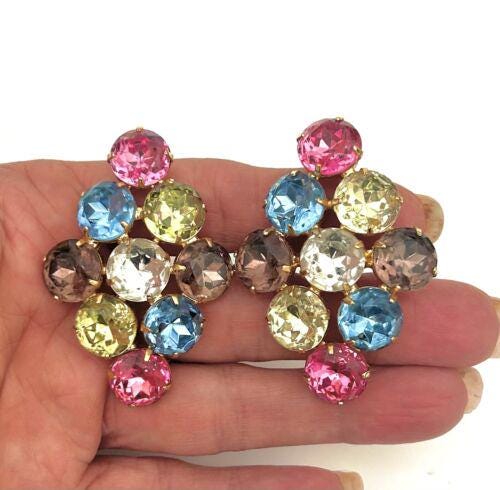 Huge Multi Color Crystal Alexis Kirk Statement Clip On Earrings