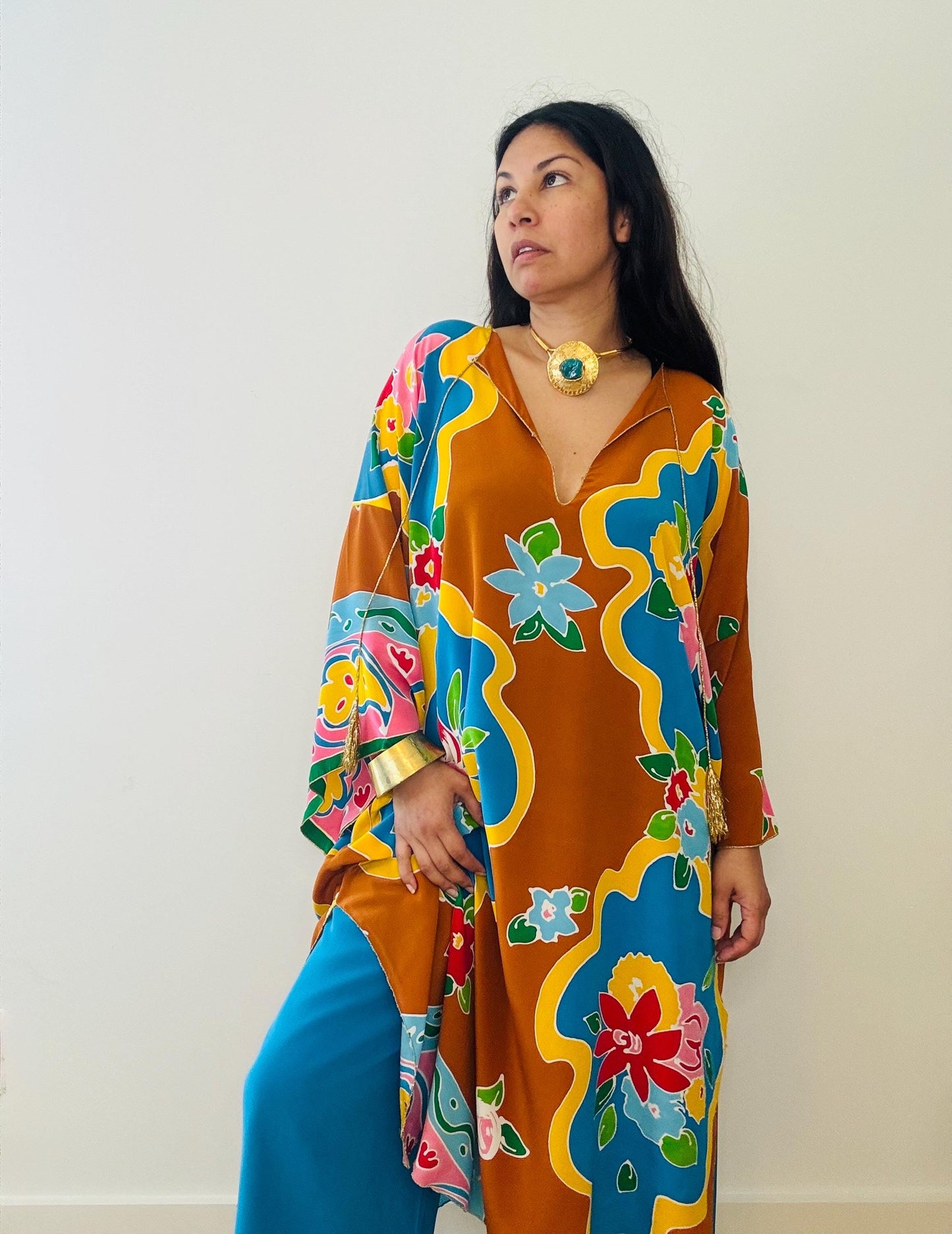 1981 Oscar de La Renta Silk Printed Caftan and Wide Pant Ensemble