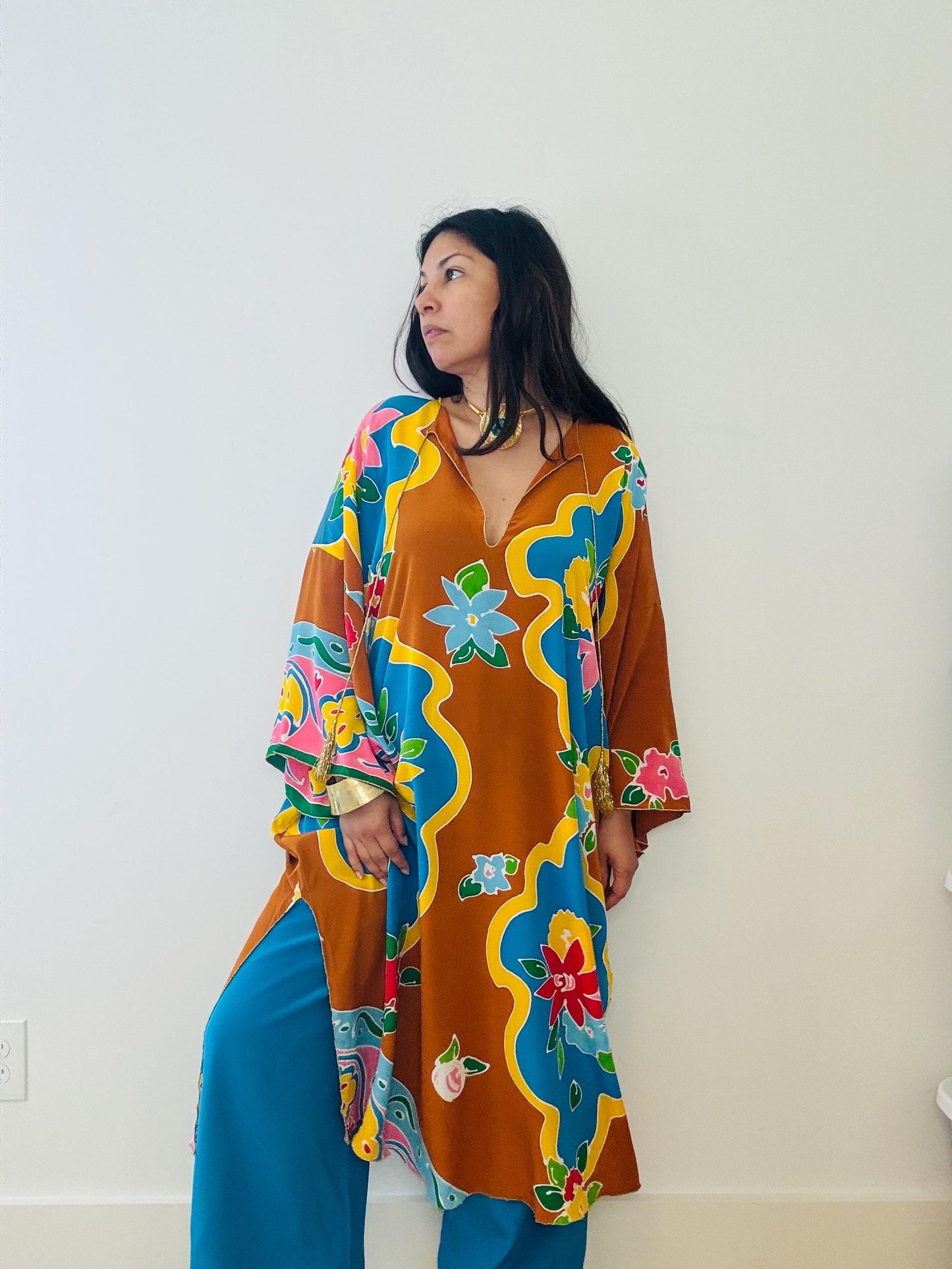 1981 Oscar de La Renta Silk Printed Caftan and Wide Pant Ensemble