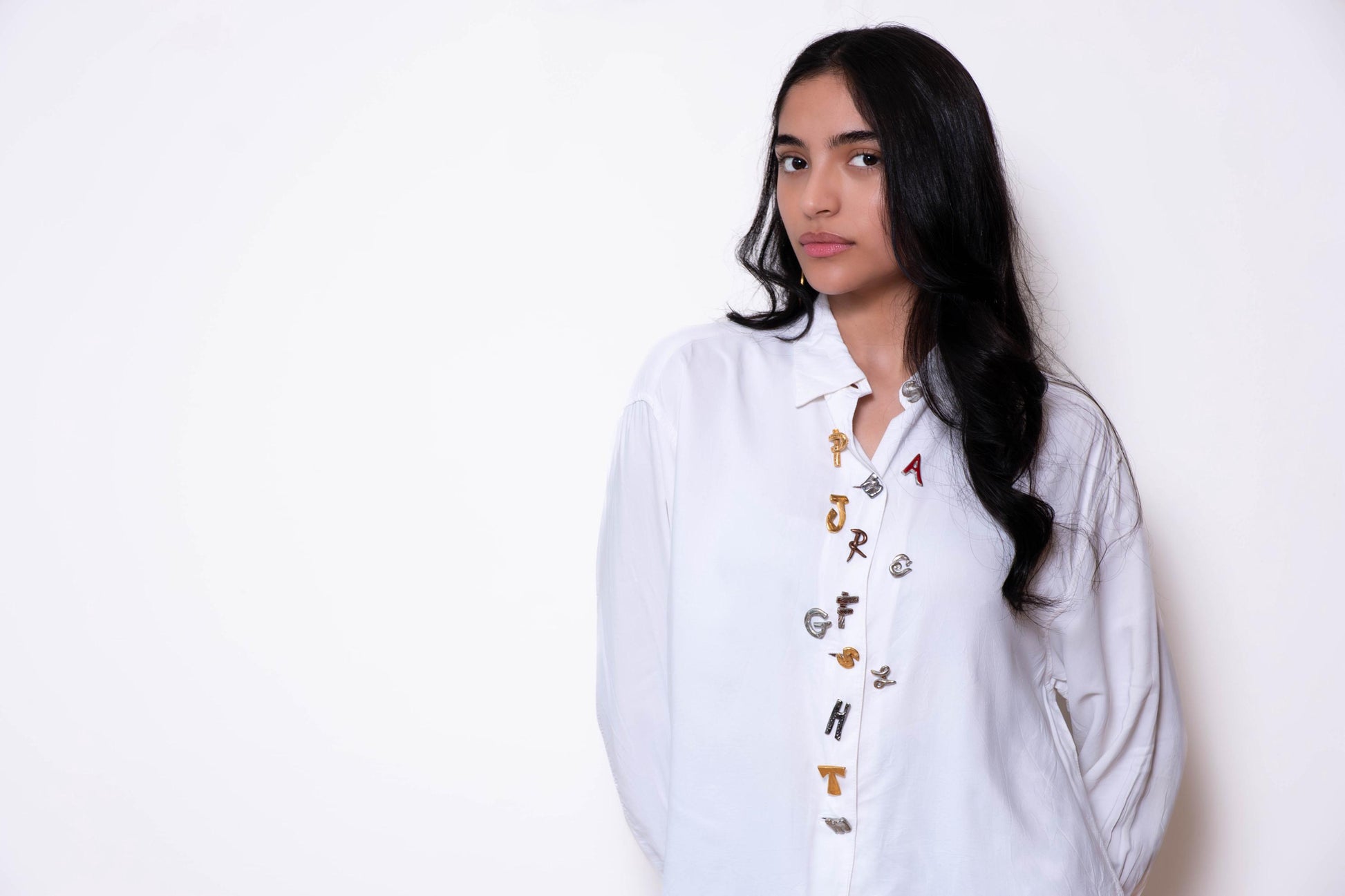 90s Todd Oldman Gold Plated Embellished White Buttoned Oversize Top