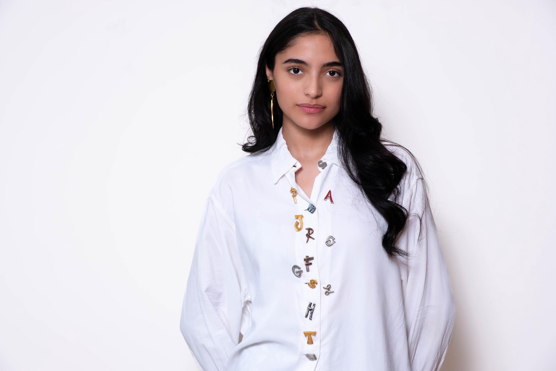 90s Todd Oldman Gold Plated Embellished White Buttoned Oversize Top