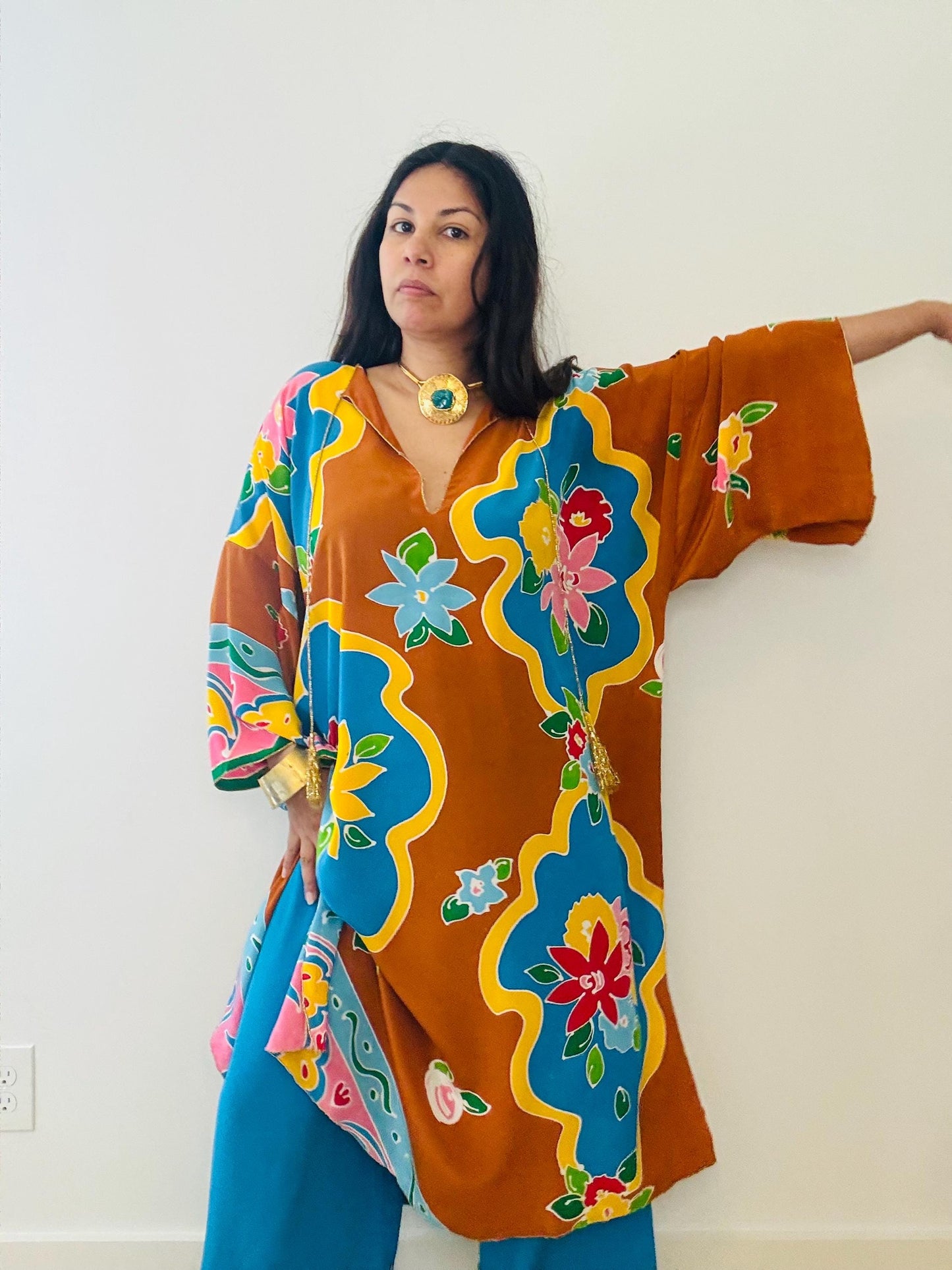 1981 Oscar de La Renta Silk Printed Caftan and Wide Pant Ensemble