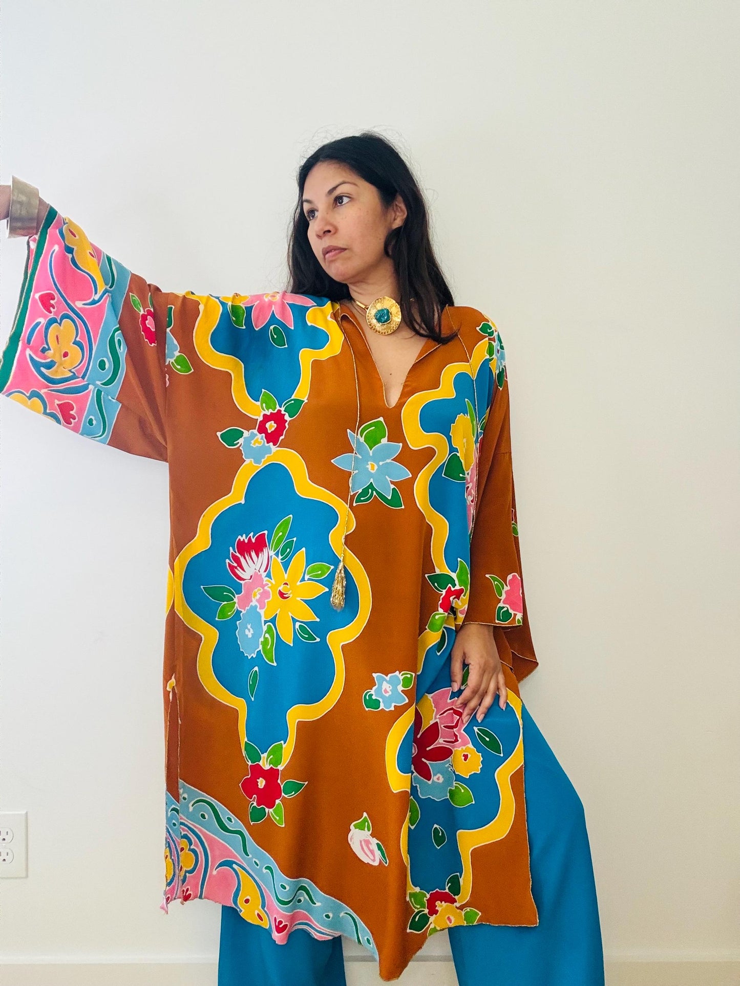 1981 Oscar de La Renta Silk Printed Caftan and Wide Pant Ensemble
