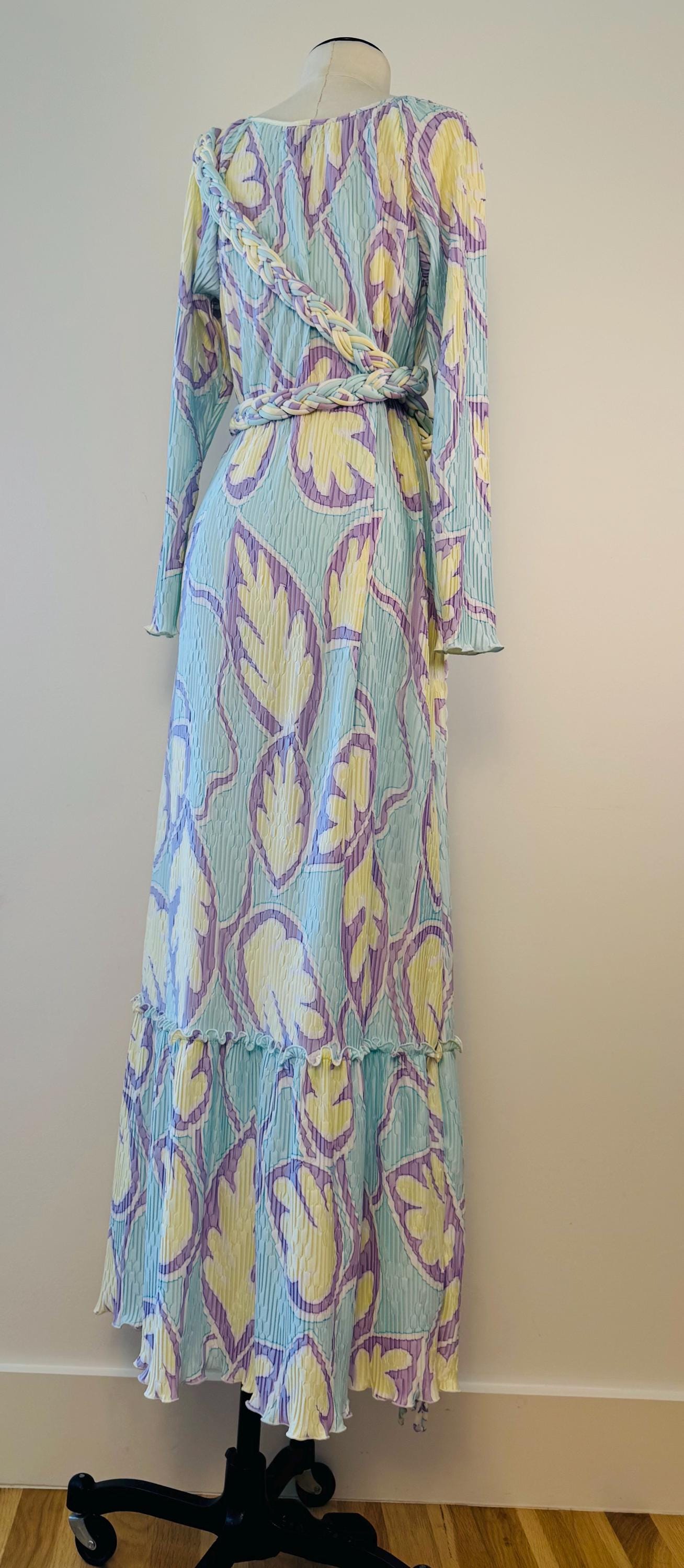Mary McFadden Pleated Printed Gown With Rope Sash Belt