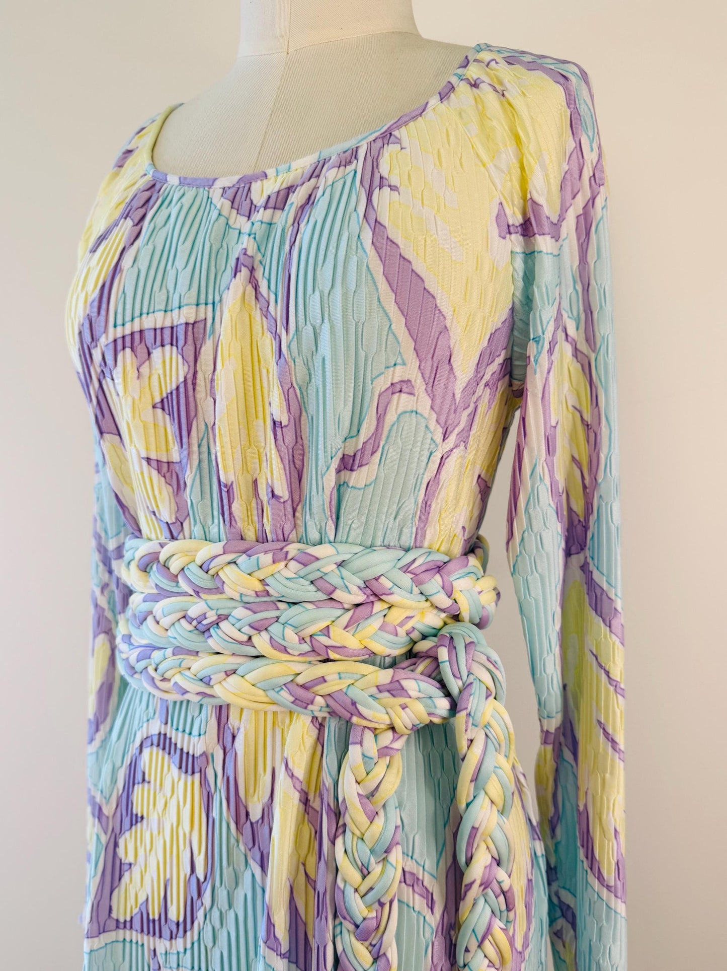 Mary McFadden Pleated Printed Gown With Rope Sash Belt