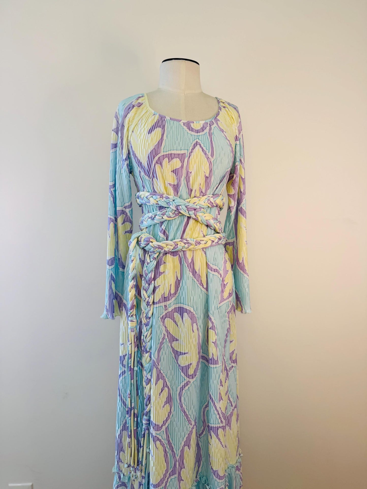 Mary McFadden Pleated Printed Gown With Rope Sash Belt
