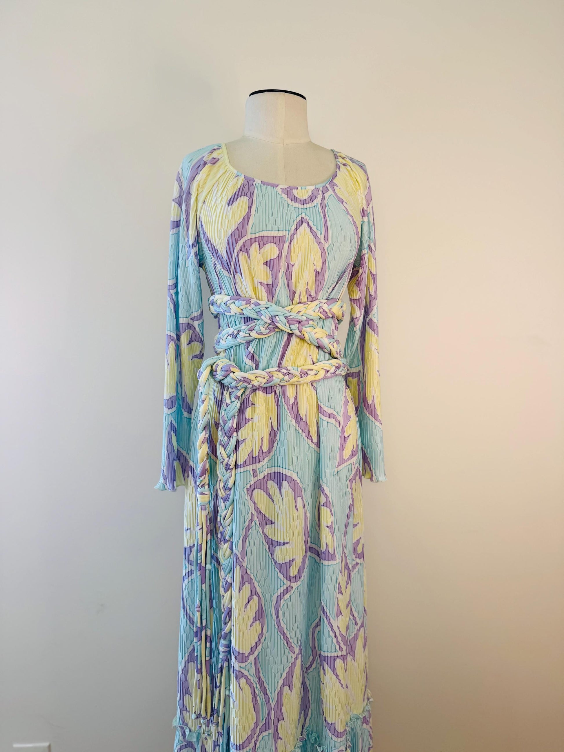Mary McFadden Pleated Printed Gown With Rope Sash Belt
