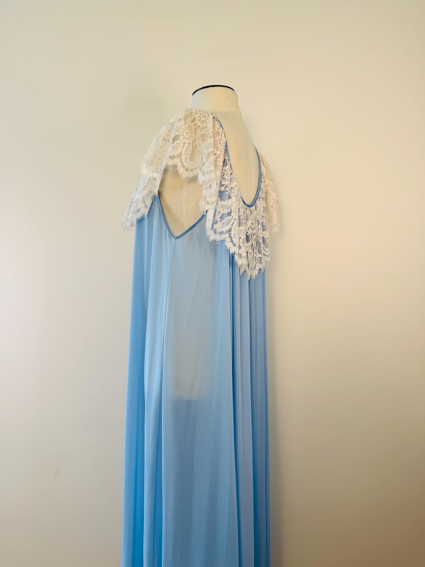 70s Lucie Ann Blue Nylon and Lace Sweeping Negligee