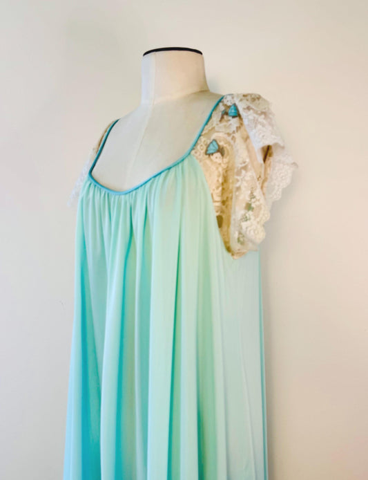 70s Lucie Ann Nylon and Lace Sweeping Green Maxi Negligee