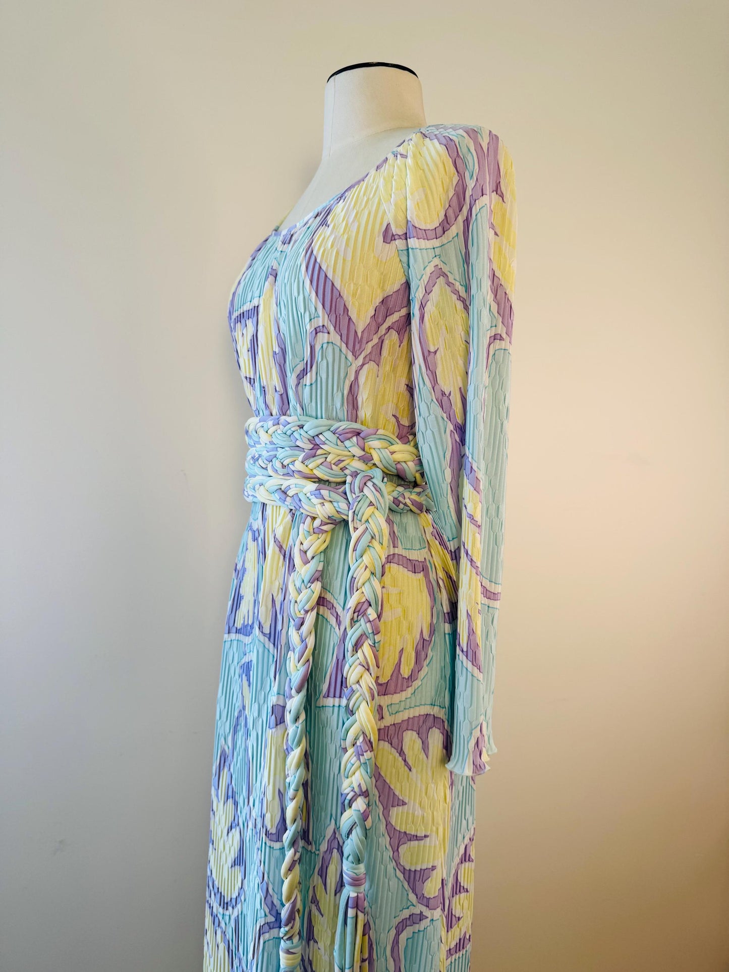 Mary McFadden Pleated Printed Gown With Rope Sash Belt