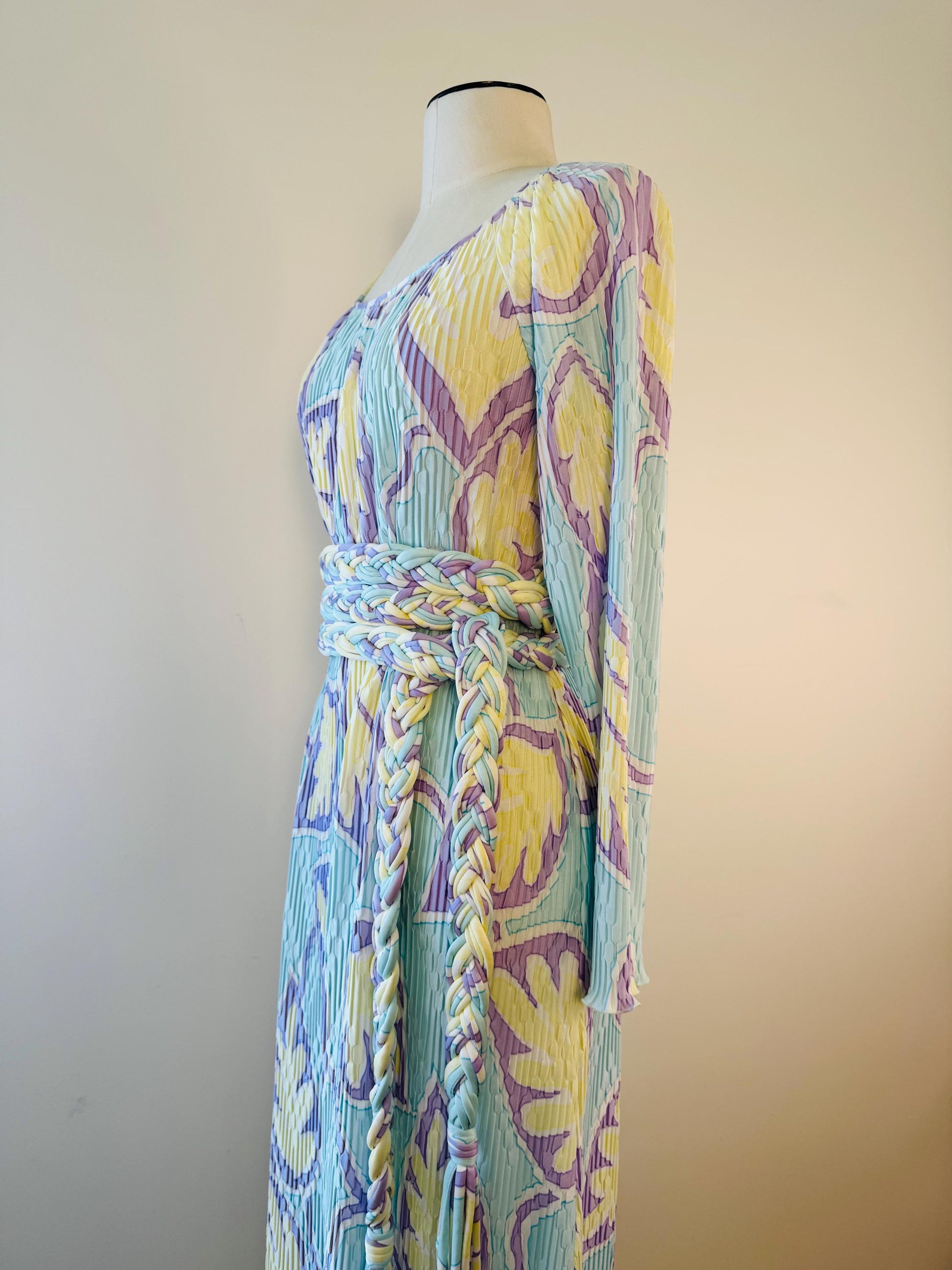 Mary McFadden Pleated Printed Gown With Rope Sash Belt