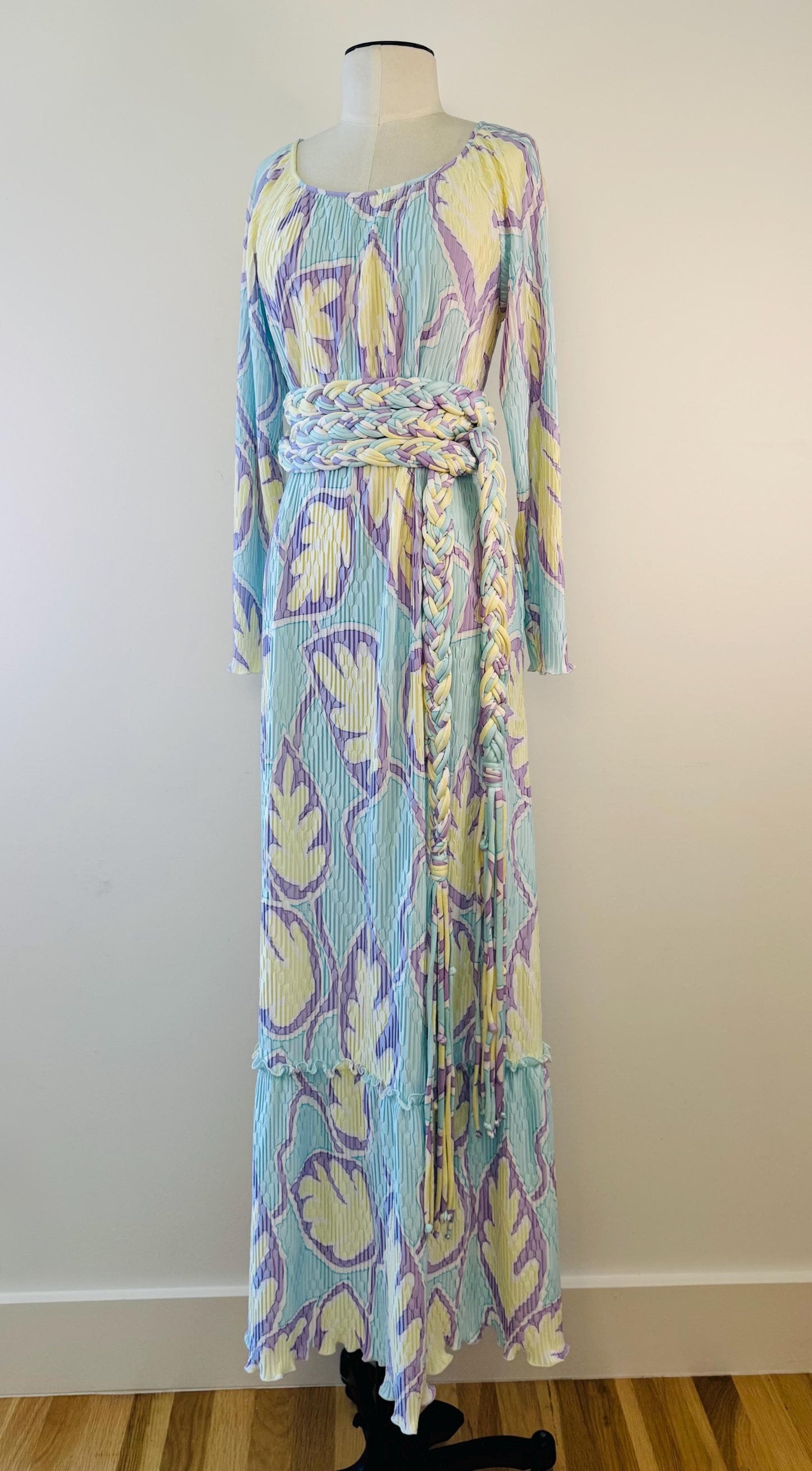 Mary McFadden Pleated Printed Gown With Rope Sash Belt