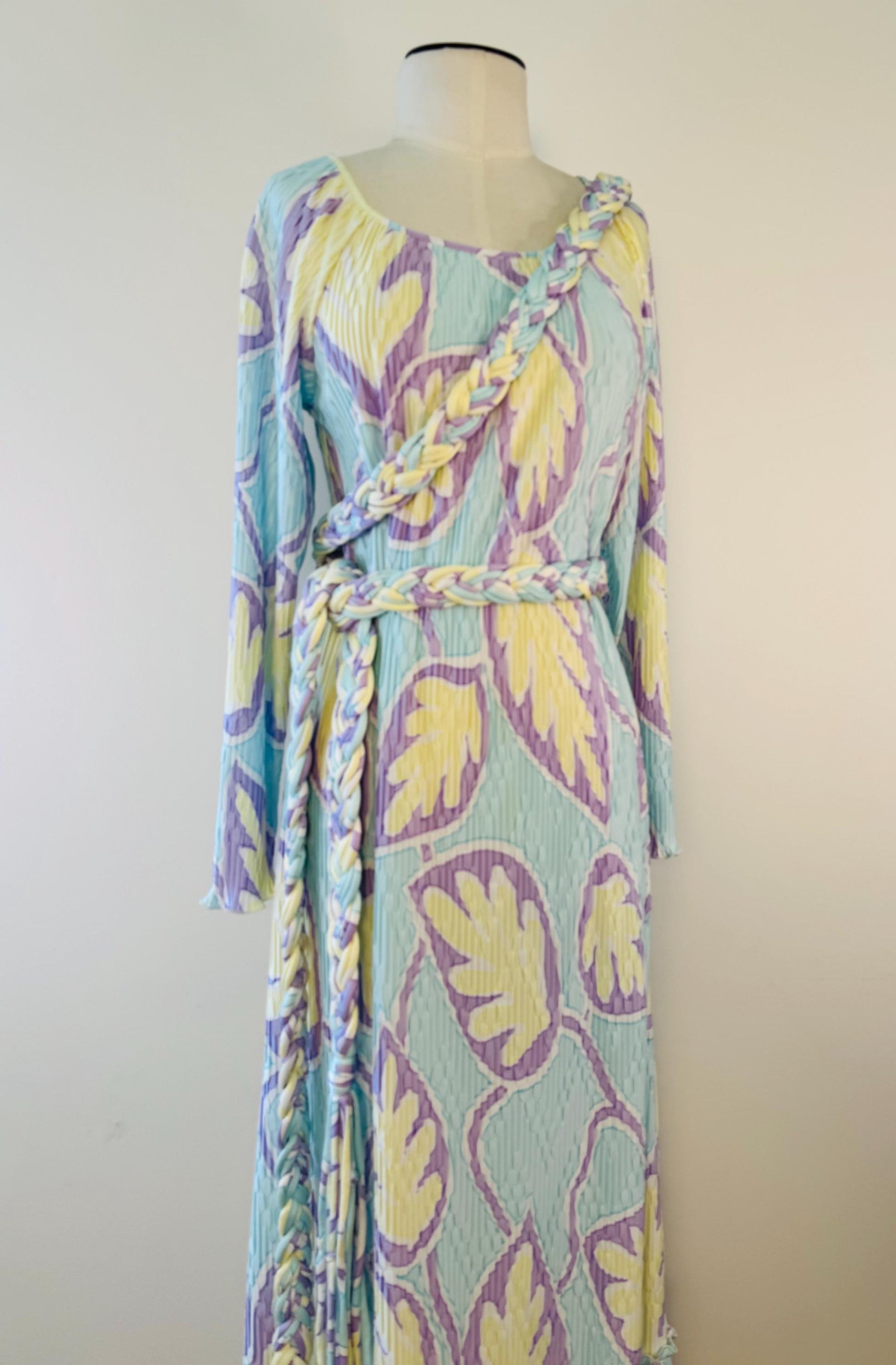Mary McFadden Pleated Printed Gown With Rope Sash Belt