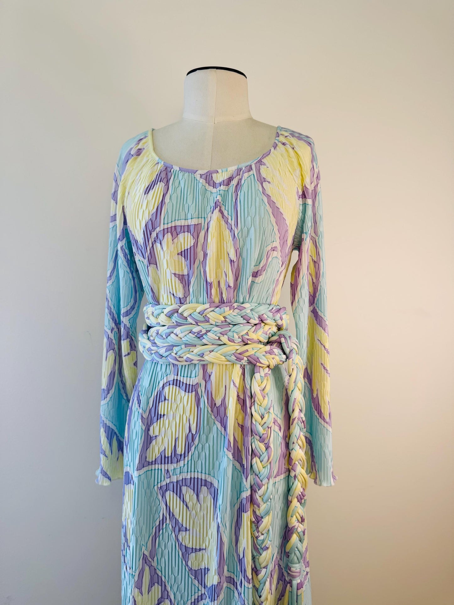 Mary McFadden Pleated Printed Gown With Rope Sash Belt