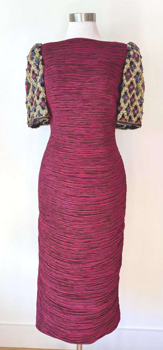 Vintage Mary MCFADDEN Couture Embellished Fitted Pleated Marri Midi Party Dress