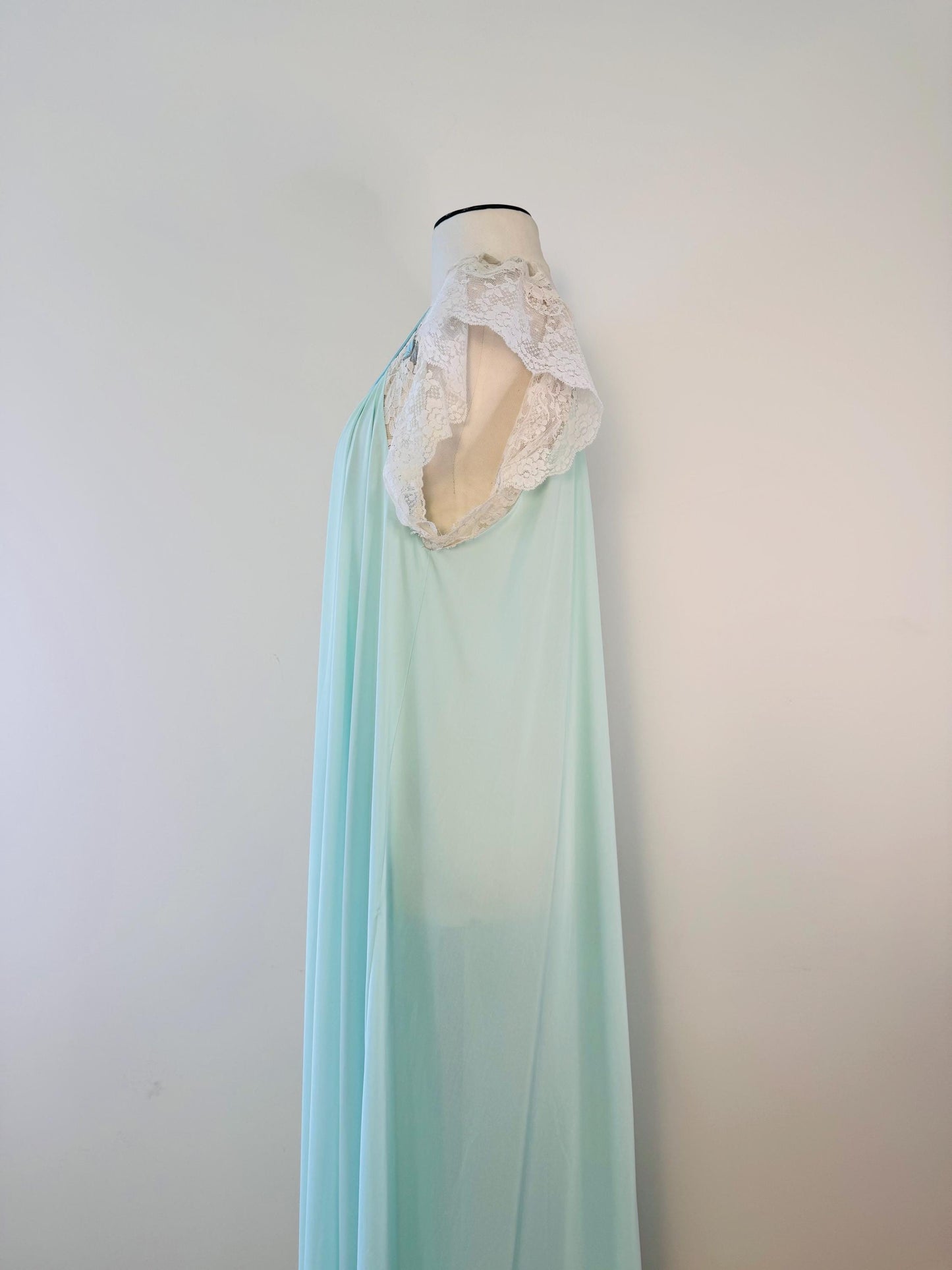 70s Lucie Ann Nylon and Lace Sweeping Green Maxi Negligee