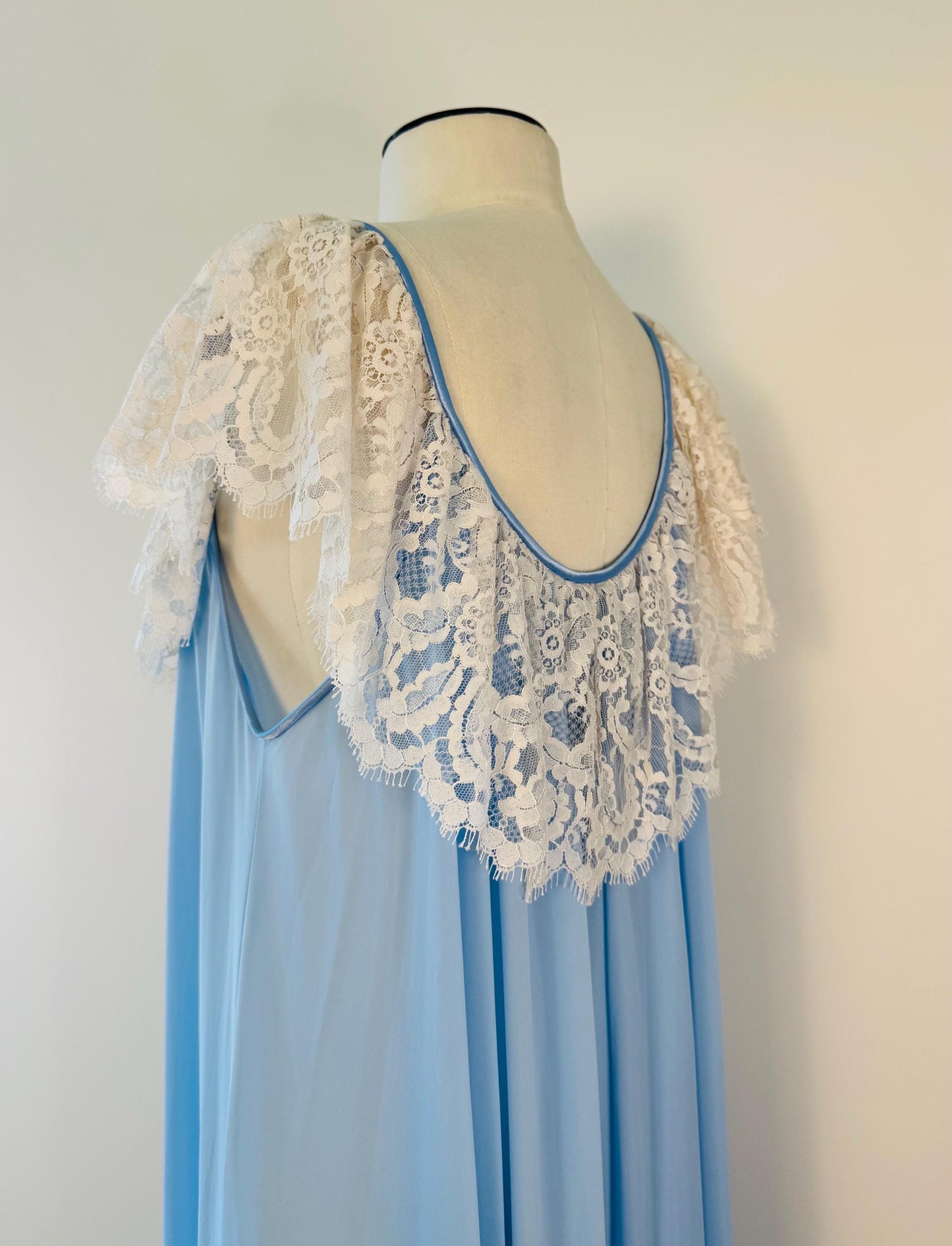 70s Lucie Ann Blue Nylon and Lace Sweeping Negligee