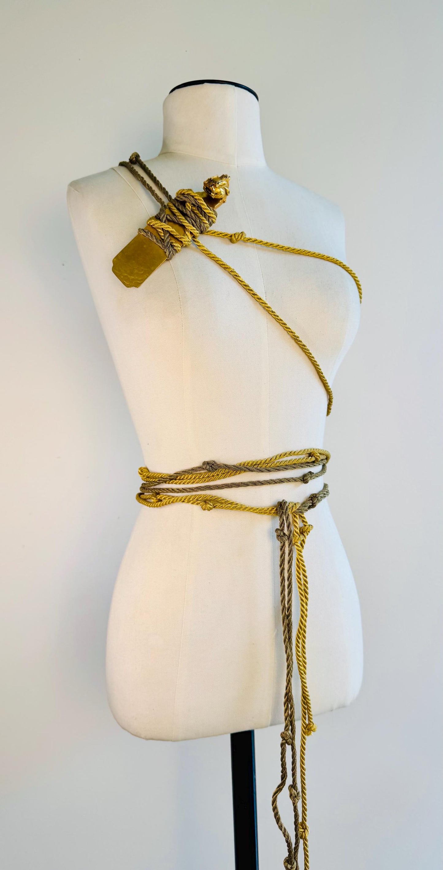 Rare Mary McFadden Gold Plated Dragon Pendant with Long Metallic Ropes