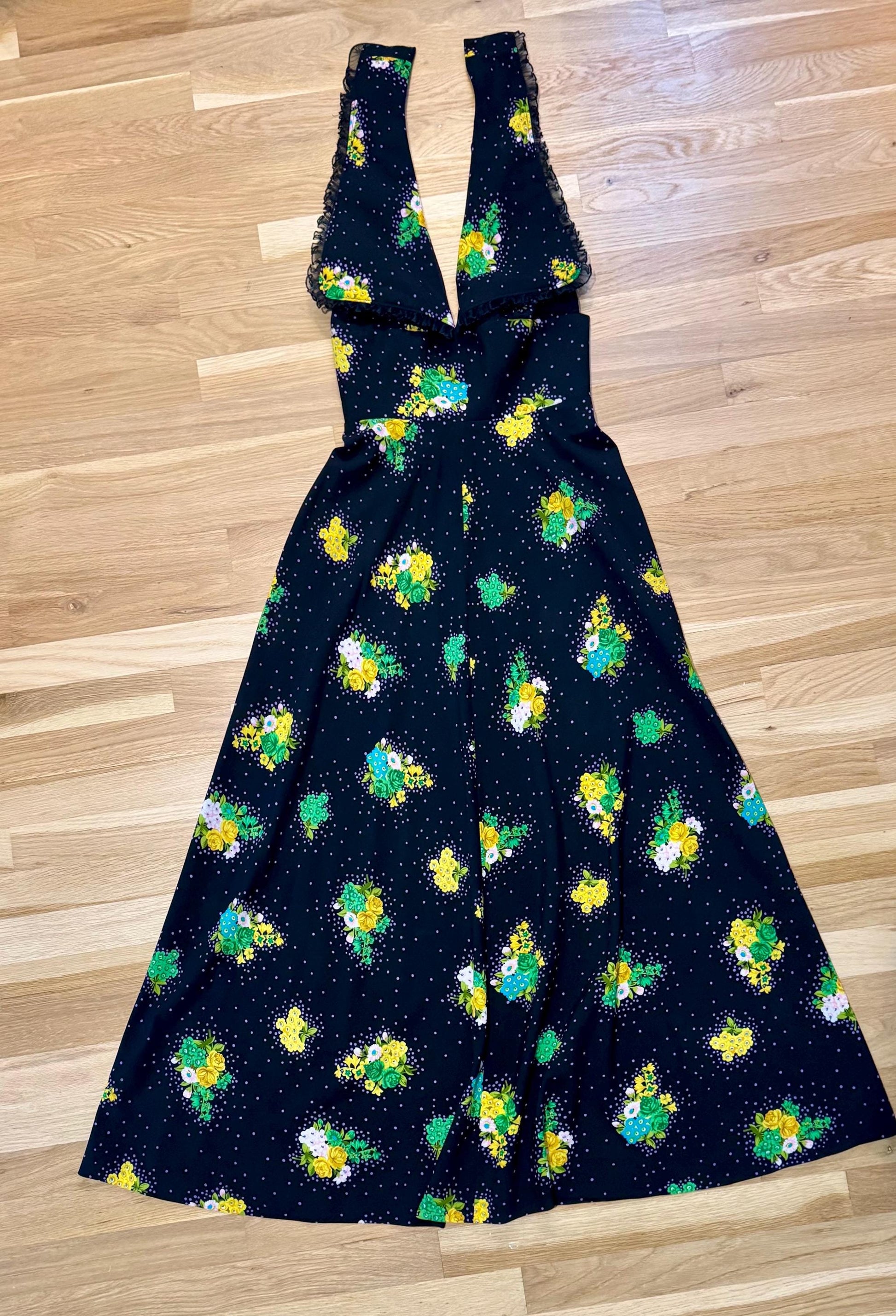 70s OOAK Floral Print Halter Maxi Dress