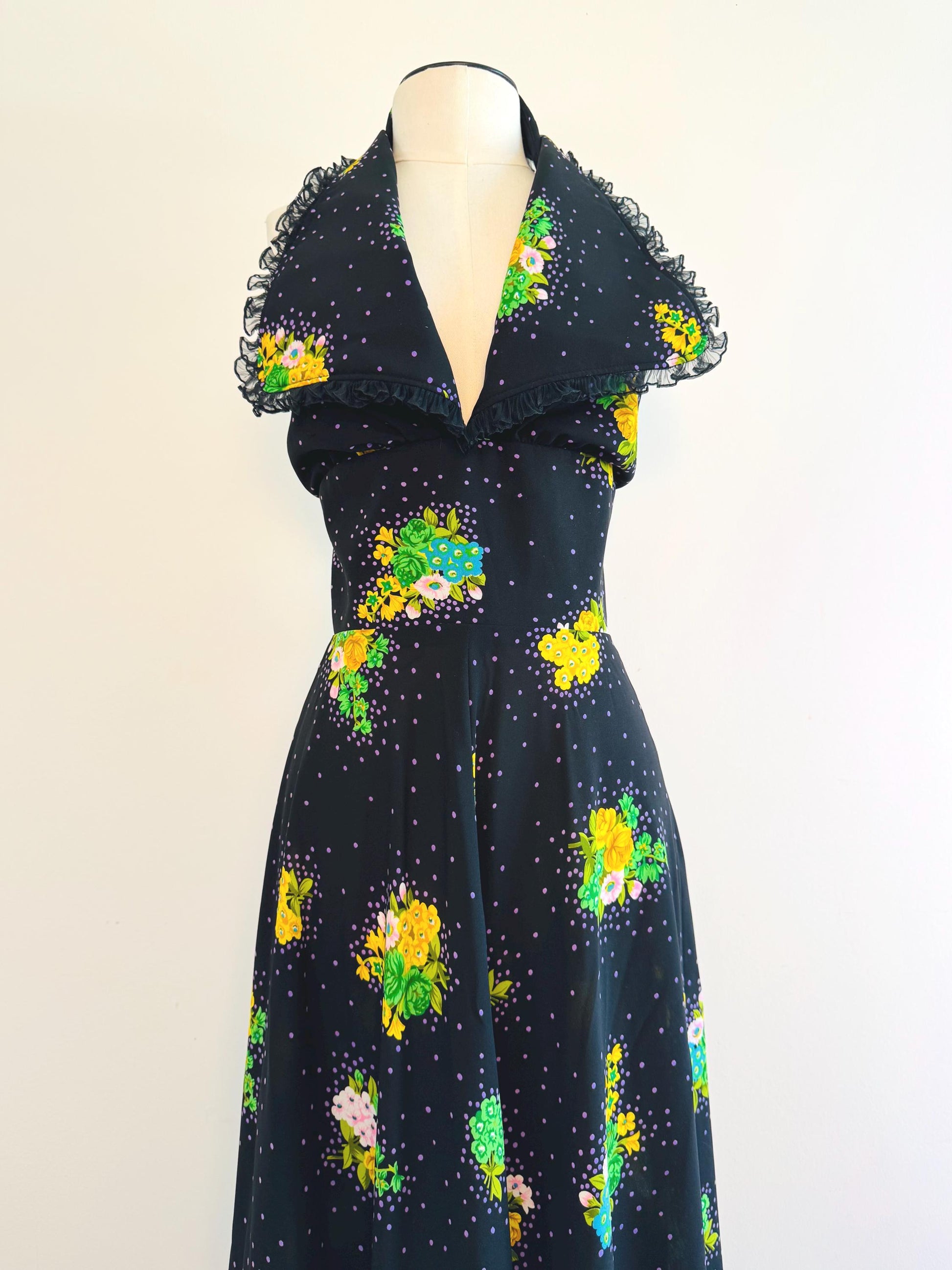 70s OOAK Floral Print Halter Maxi Dress