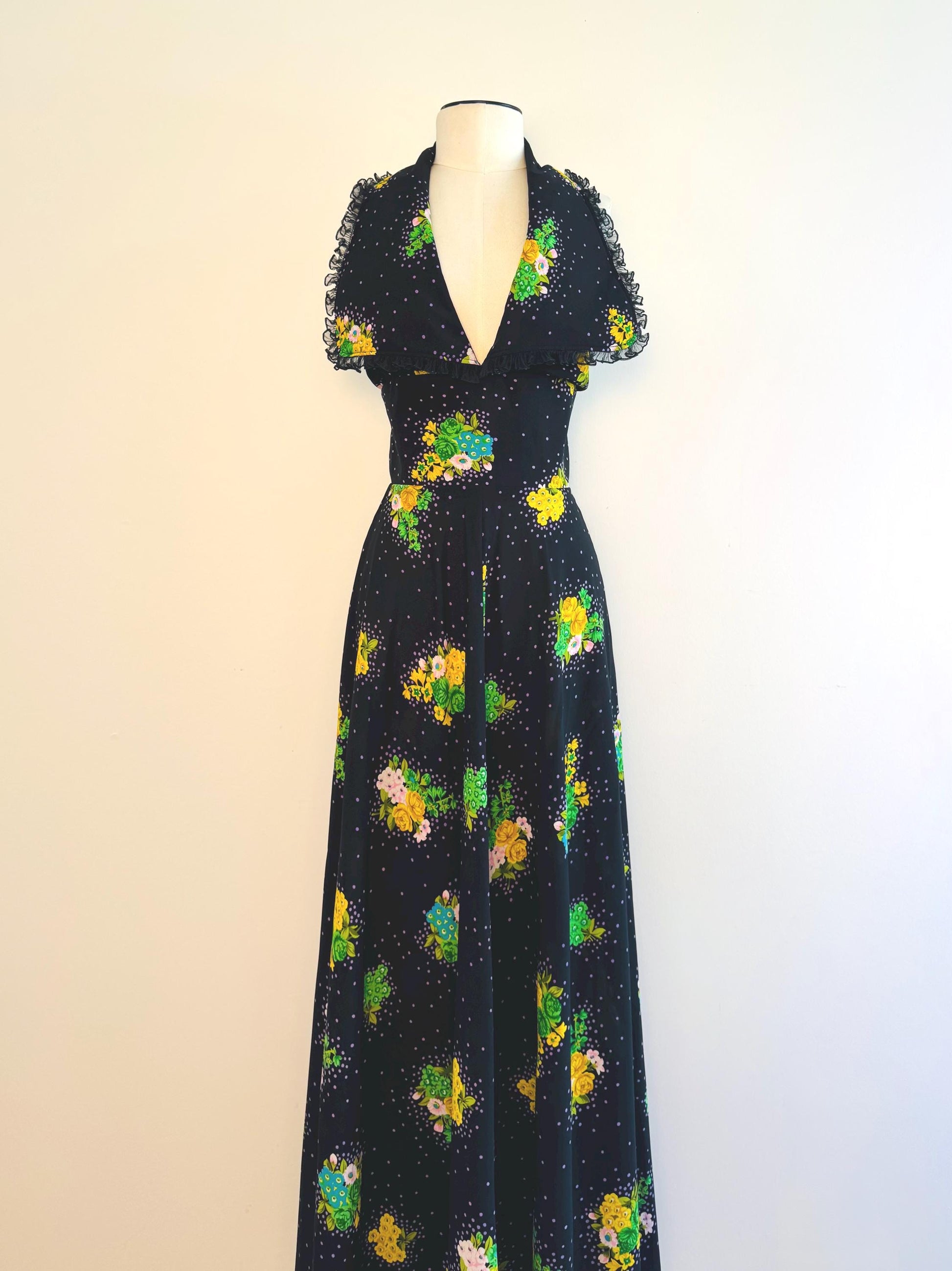 70s OOAK Floral Print Halter Maxi Dress