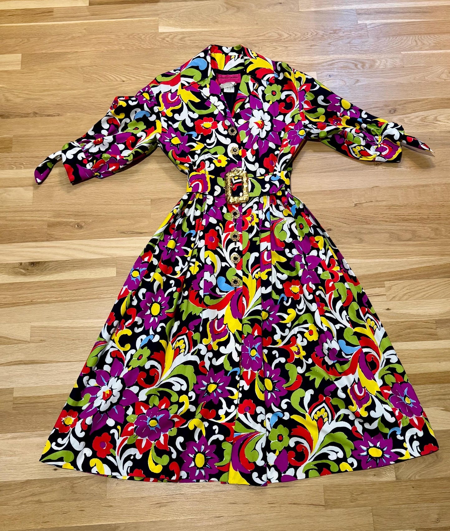 90s Christian LaCroix Floral Printed Cotton Embellished Dress