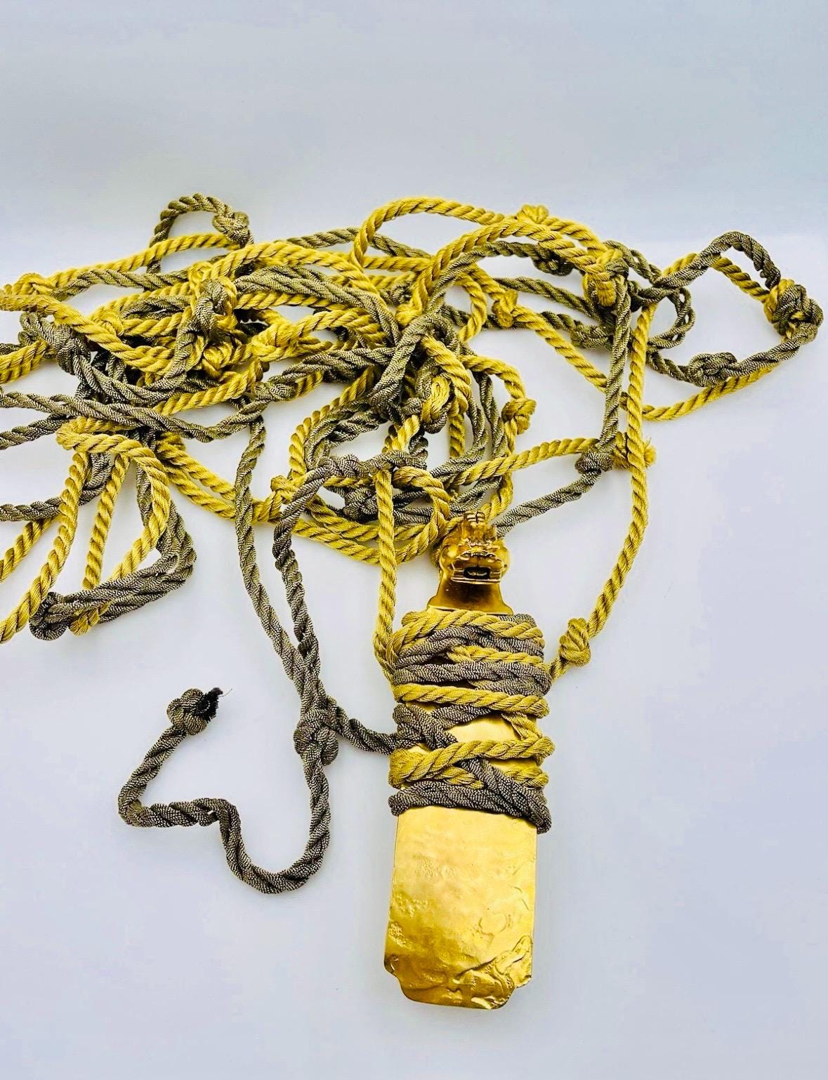 Rare Mary McFadden Gold Plated Dragon Pendant with Long Metallic Ropes