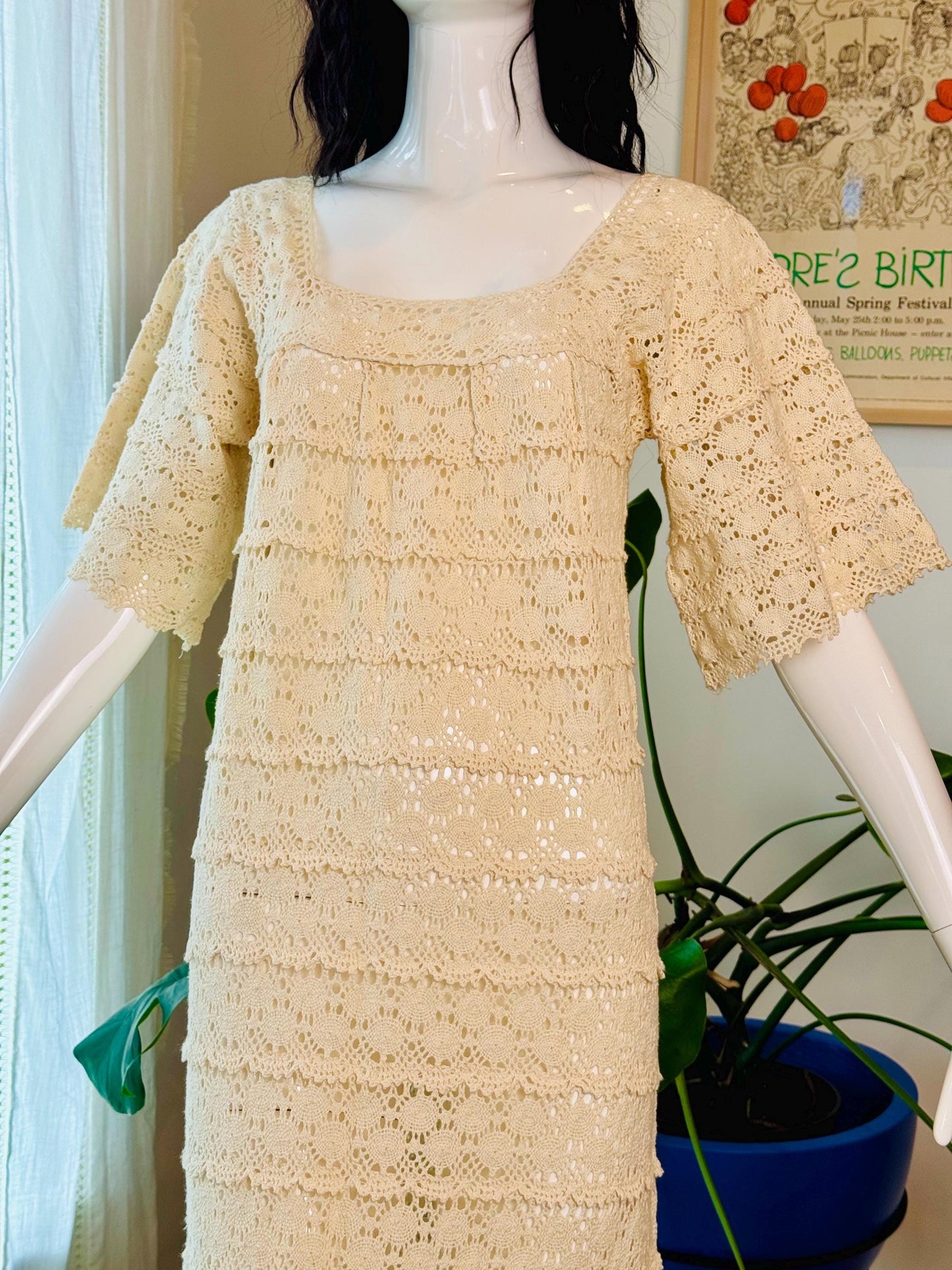 Vintage Cream Cotton Crochet Maxi Dress