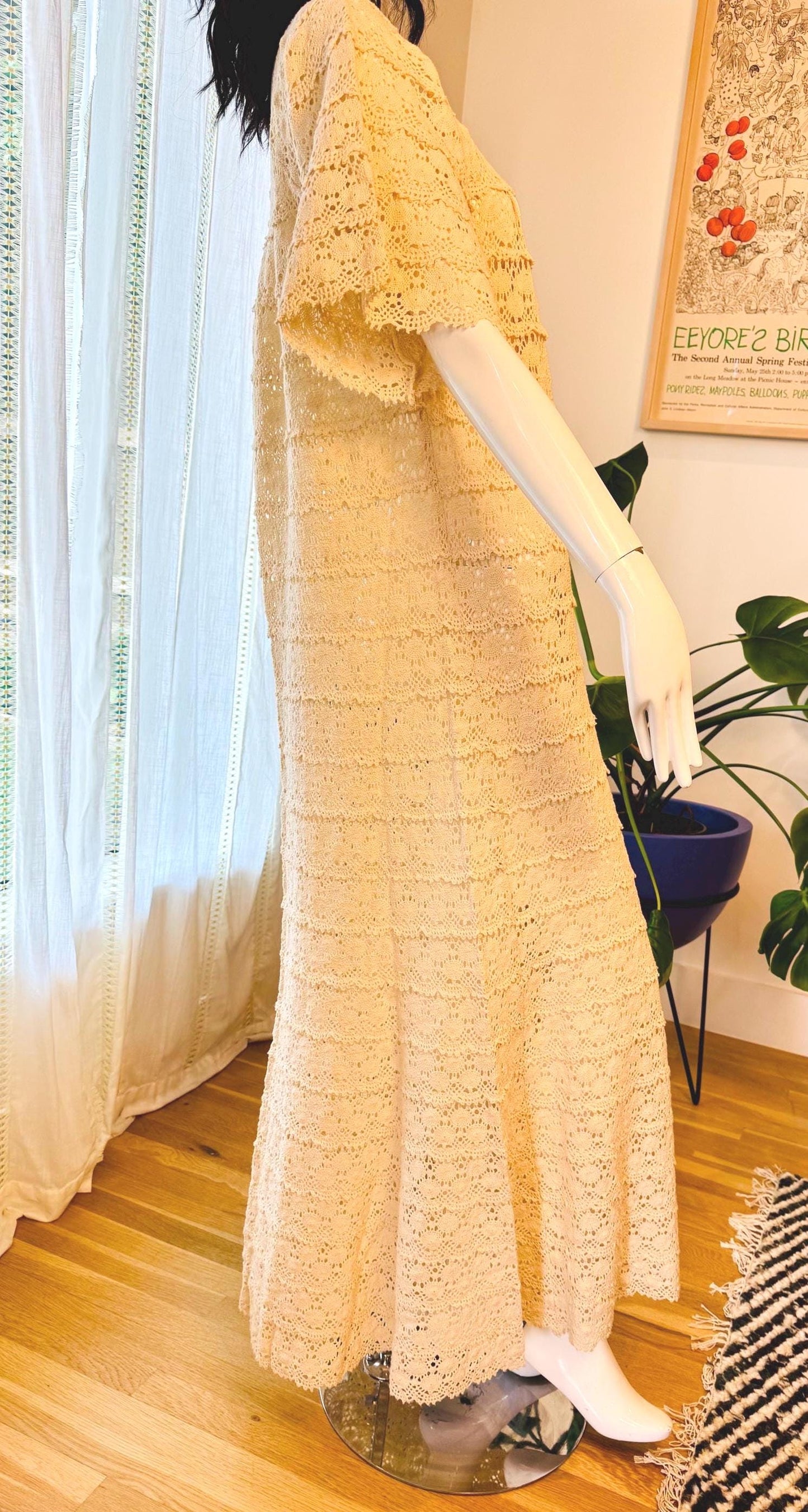 Vintage Cream Cotton Crochet Maxi Dress