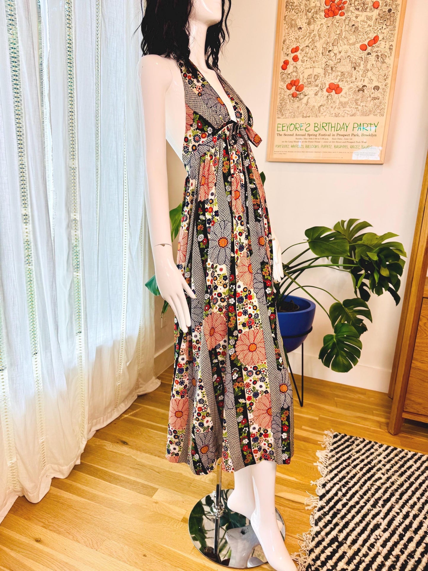 70s Silk PJ Walsh Floral Print Halter Dress