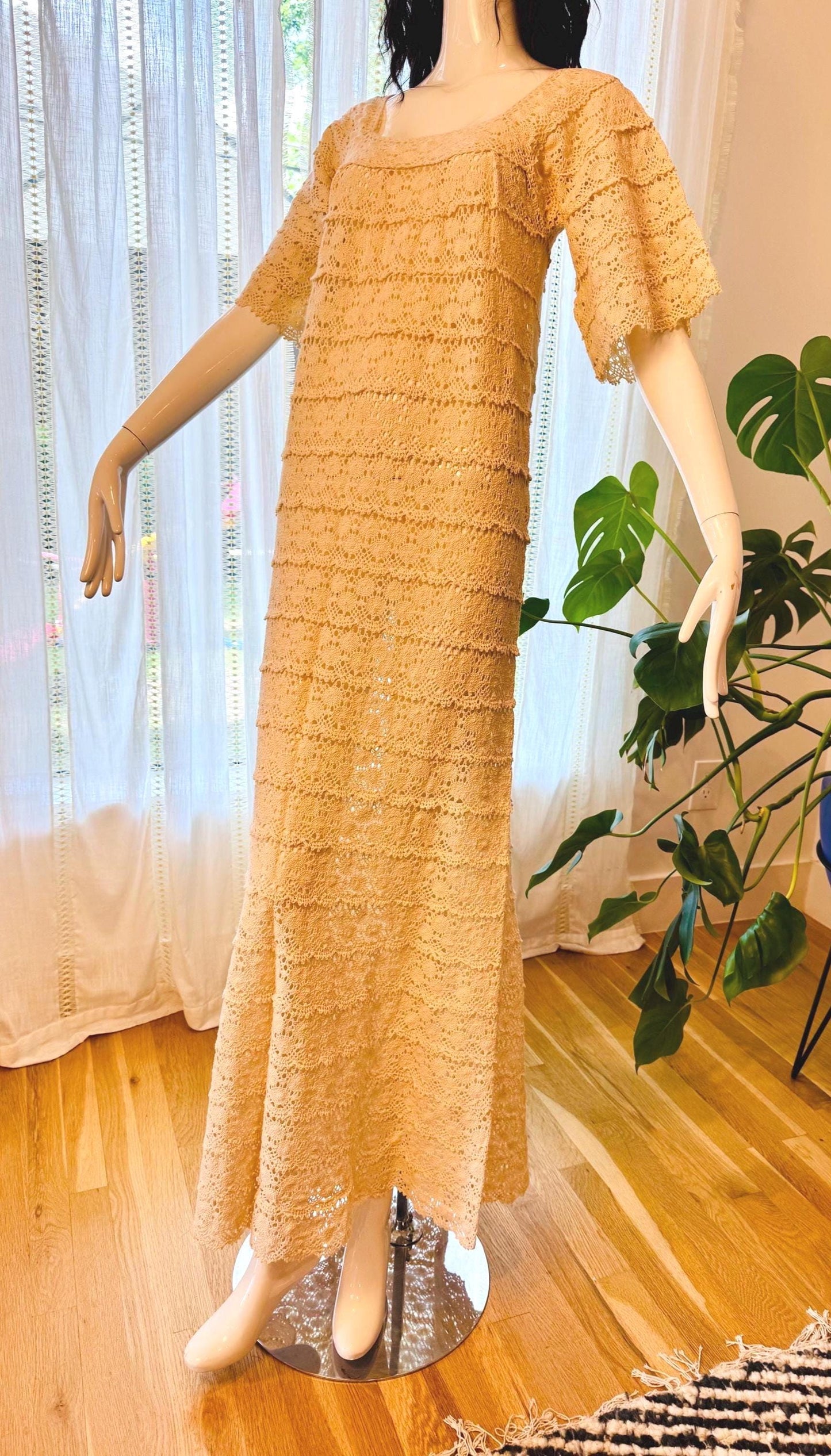Vintage Cream Cotton Crochet Maxi Dress