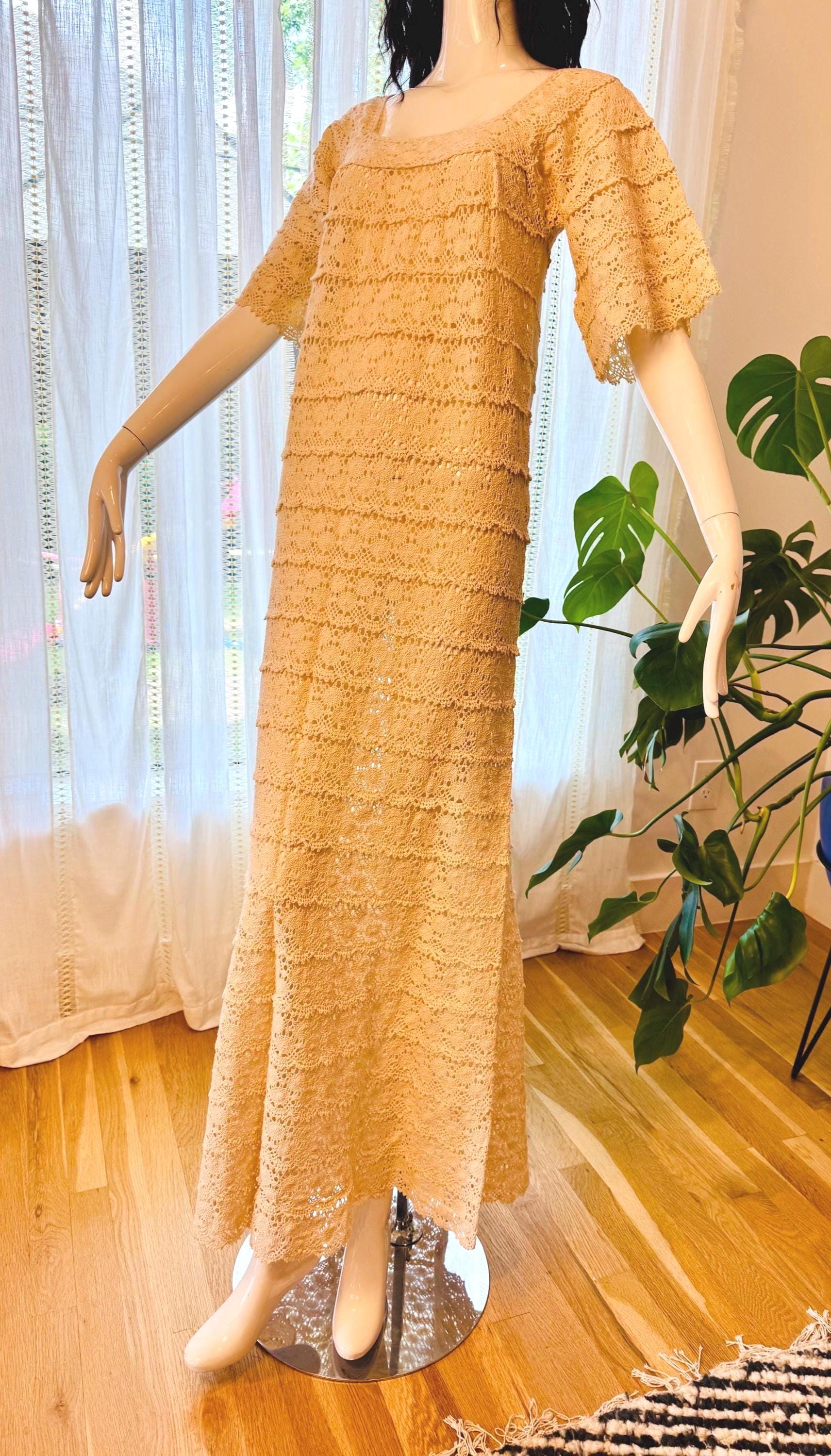 Vintage Cream Cotton Crochet Maxi Dress