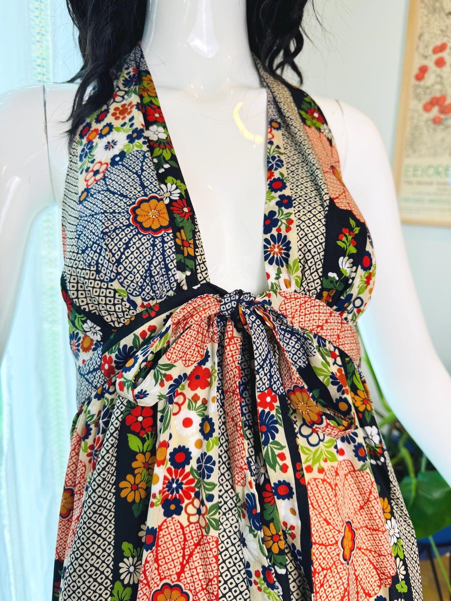70s Silk PJ Walsh Floral Print Halter Dress