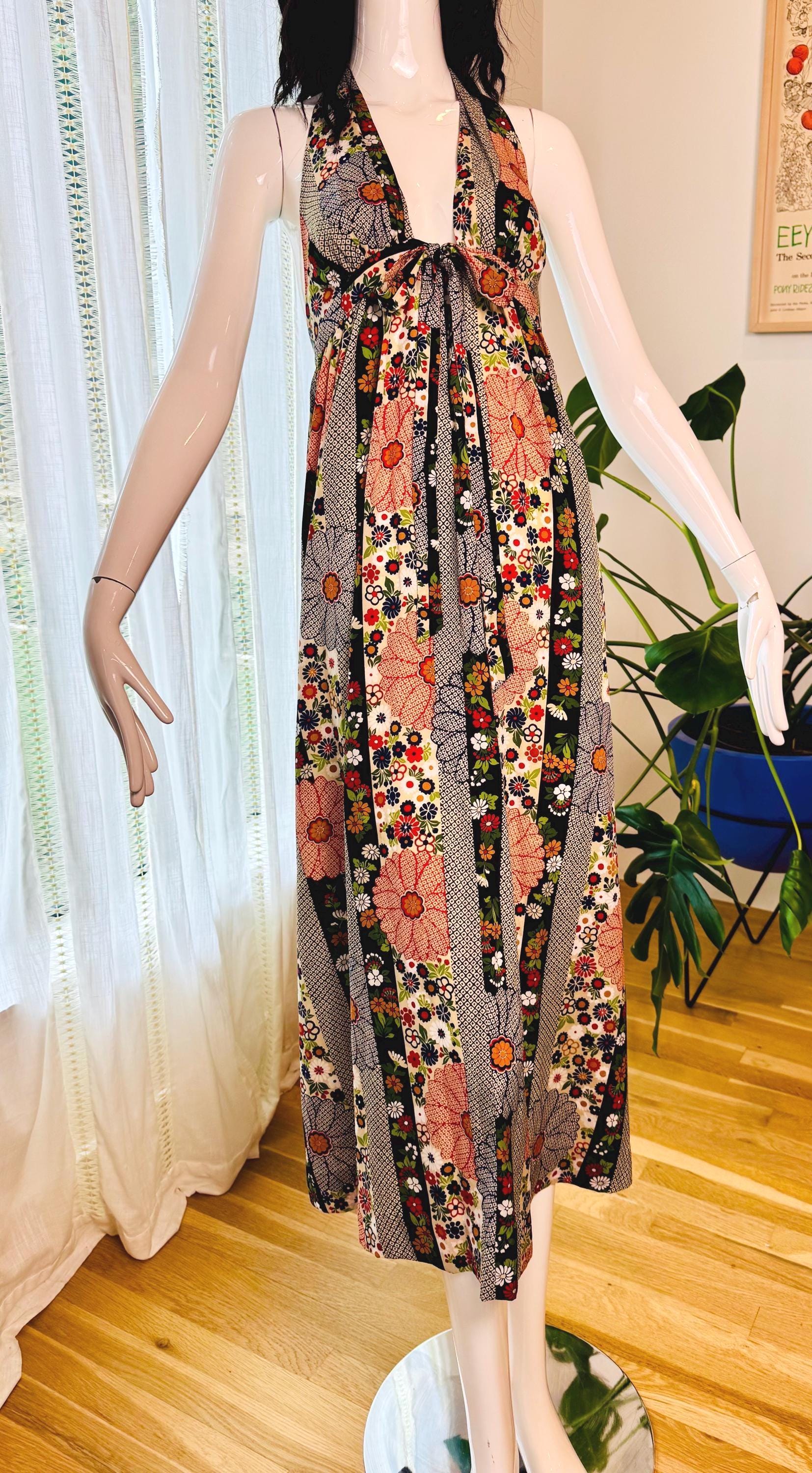 70s Silk PJ Walsh Floral Print Halter Dress